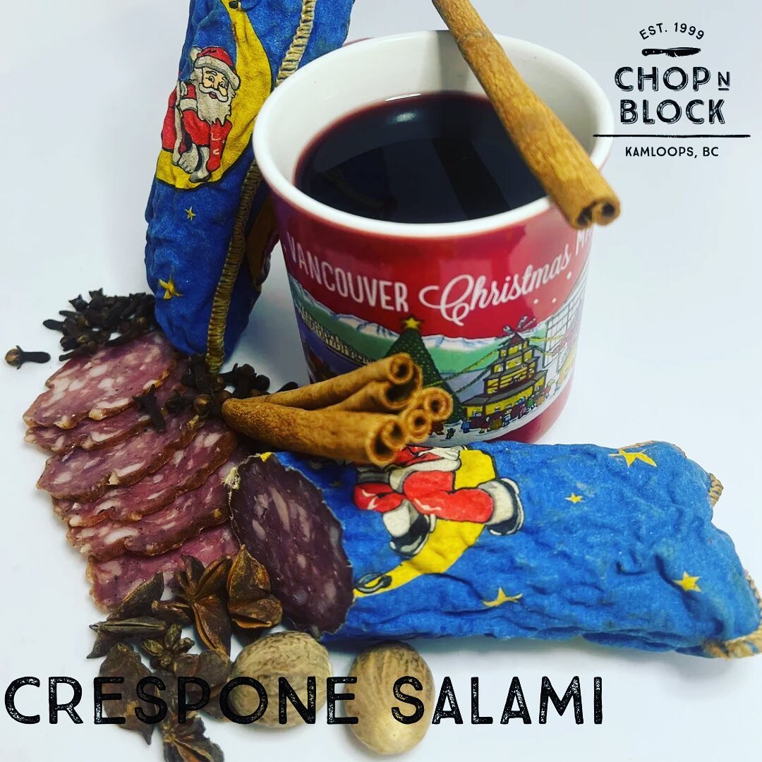 We have our holiday charcuterie treats all ready! 
Our Crespone Salami is only made for when Santa visits. Think mulled wine in salami form 🤤 

Some other treats we do specially for the holidays are bacon jam, duck breast prosciutto, truffle pate, a