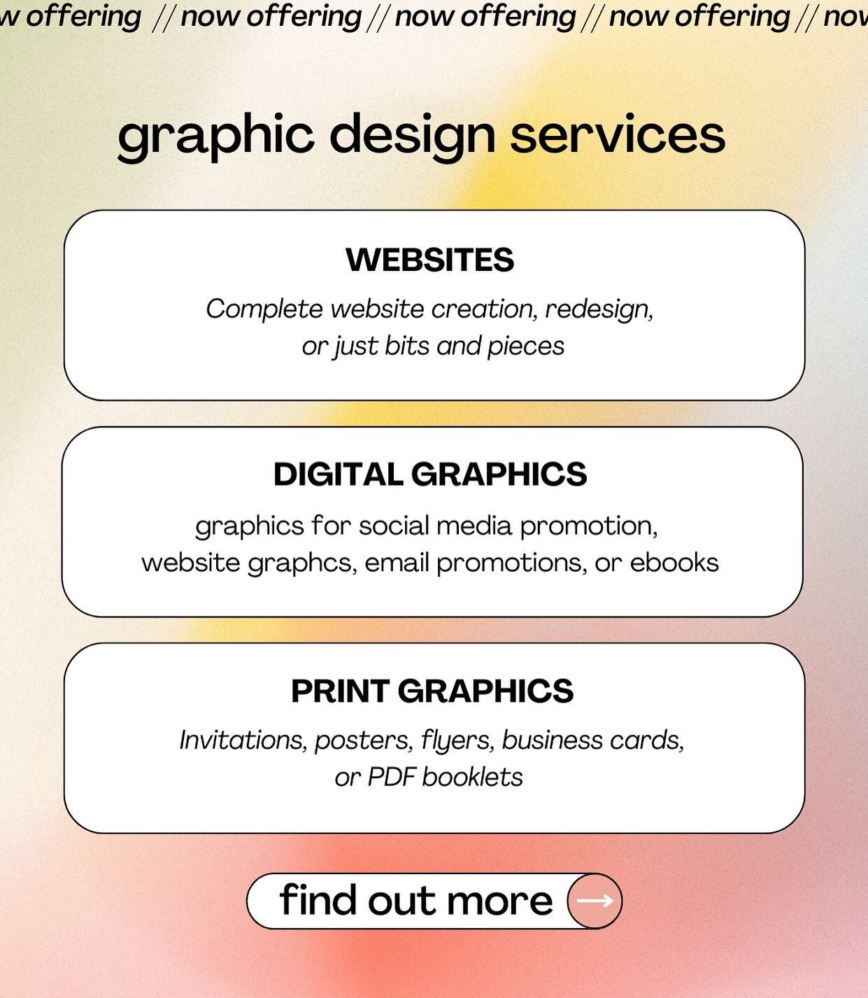 In case you didn&rsquo;t know, I offer a variety of services starting with graphic design pieces. Whether you&rsquo;re looking for website designs, digital or print graphics, I can be your designer. 
If you&rsquo;re a photographer or creative looking