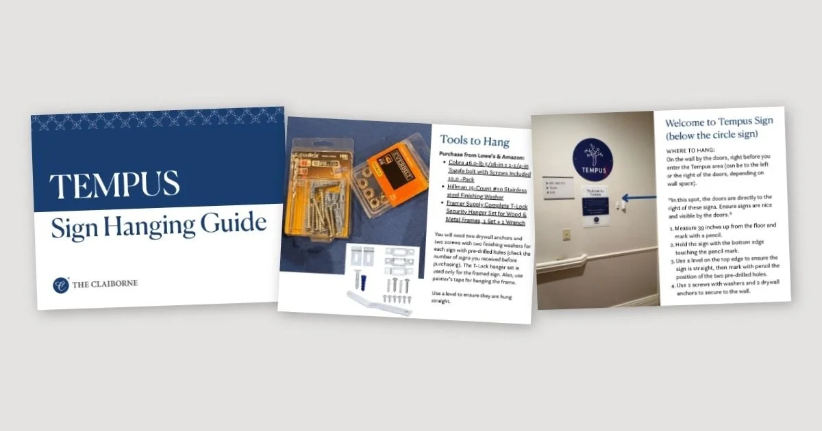 A sign hanging guide booklet titled "TEMPUS Sign Hanging Guide" with instructions, tools, and hardware for installing a Tempus sign, including a wall diagram and mounting steps.
