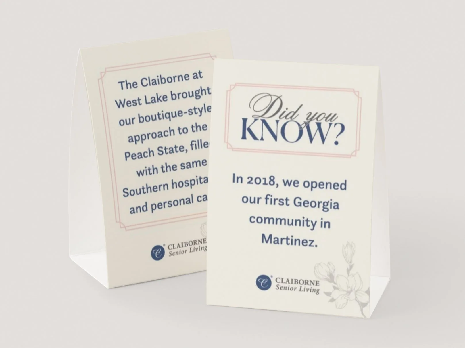 Two brochure or pamphlet cards displaying information about Claiborne Senior Living, featuring a heading "Did you Know?" and details about the opening of their Georgia community in Martinez in 2018.