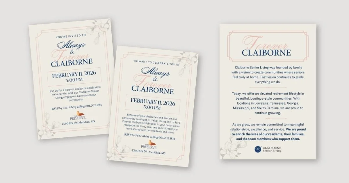 Invitation and informational flyer for Celebrate Forever Claiborne event on February 11, 2026, at 3:00 PM, featuring floral designs and the Claiborne Senior Living logo.
