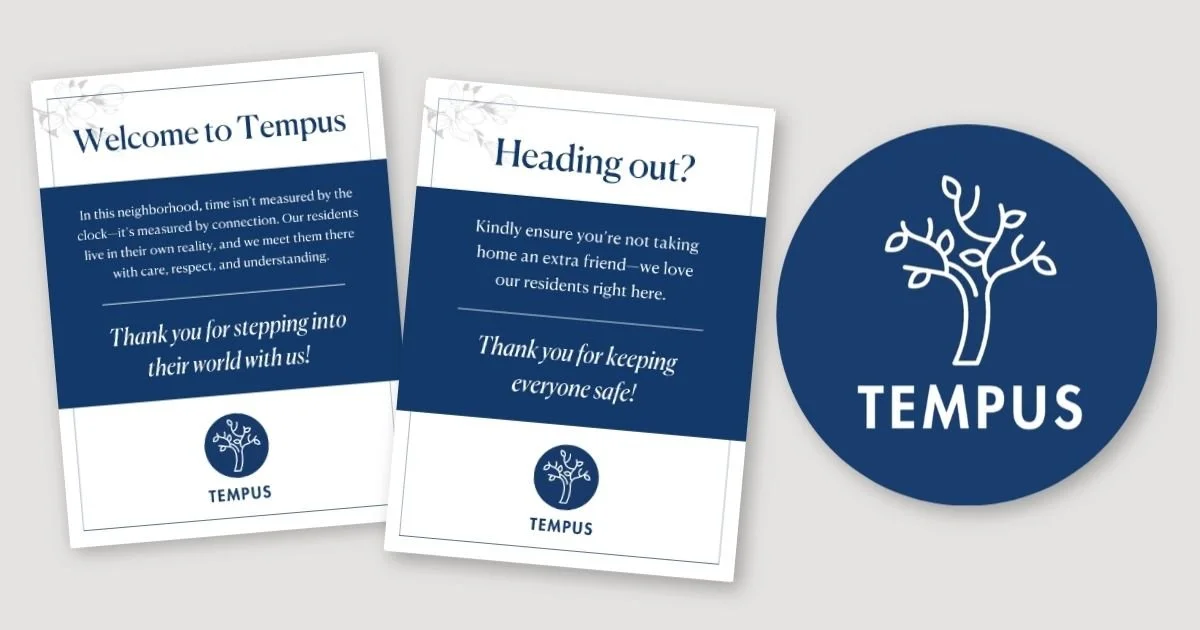 Pamphlet and sticker for Tempus community housing, featuring a tree logo, with information about residents and visiting policies.
