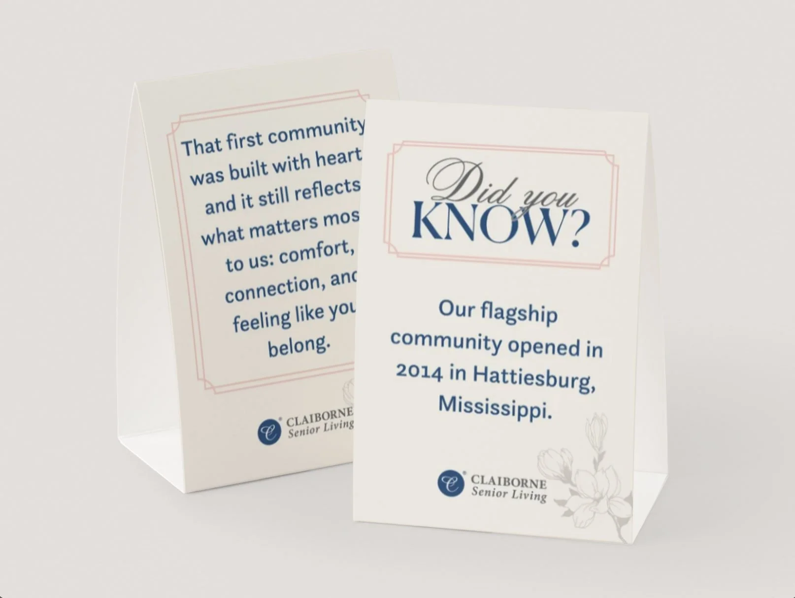 Two informational pamphlets about Claiborne Senior Living with the headline 'Did you know?' and a brief description of their community opening in 2014 in Hattiesburg, Mississippi.