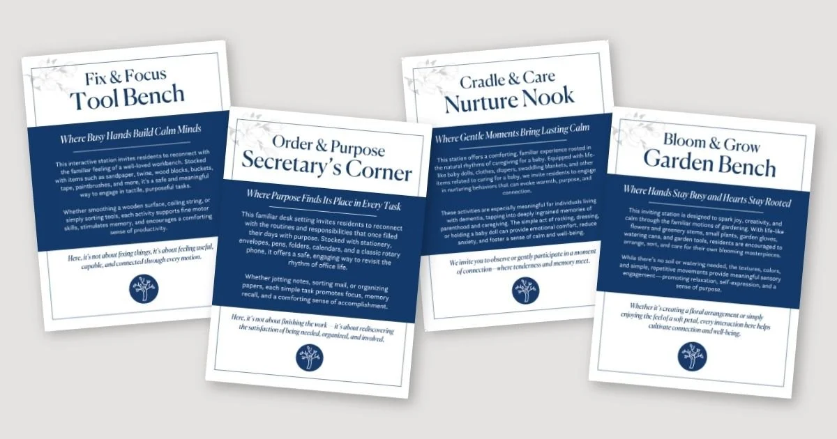 Four printed cards with titles and descriptions for different themed stations, including Fix & Focus Tool Bench, Order & Purpose Secretary's Corner, Cradle & Care Nurture Nook, and Bloom & Grow Garden Bench, laid out on a light gray surface.