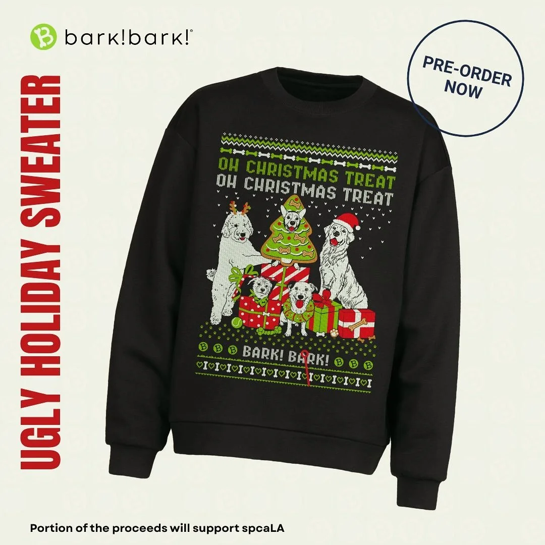 Oh Christmas Treat! Limited Edition bark! bark! Holiday Sweaters and T-shirts are here! Pre-order yours before they&rsquo;re gone. A portion of the proceeds will be donated to the spcaLA. Available in store on Nov 20th at our boutique in Belmont Shor