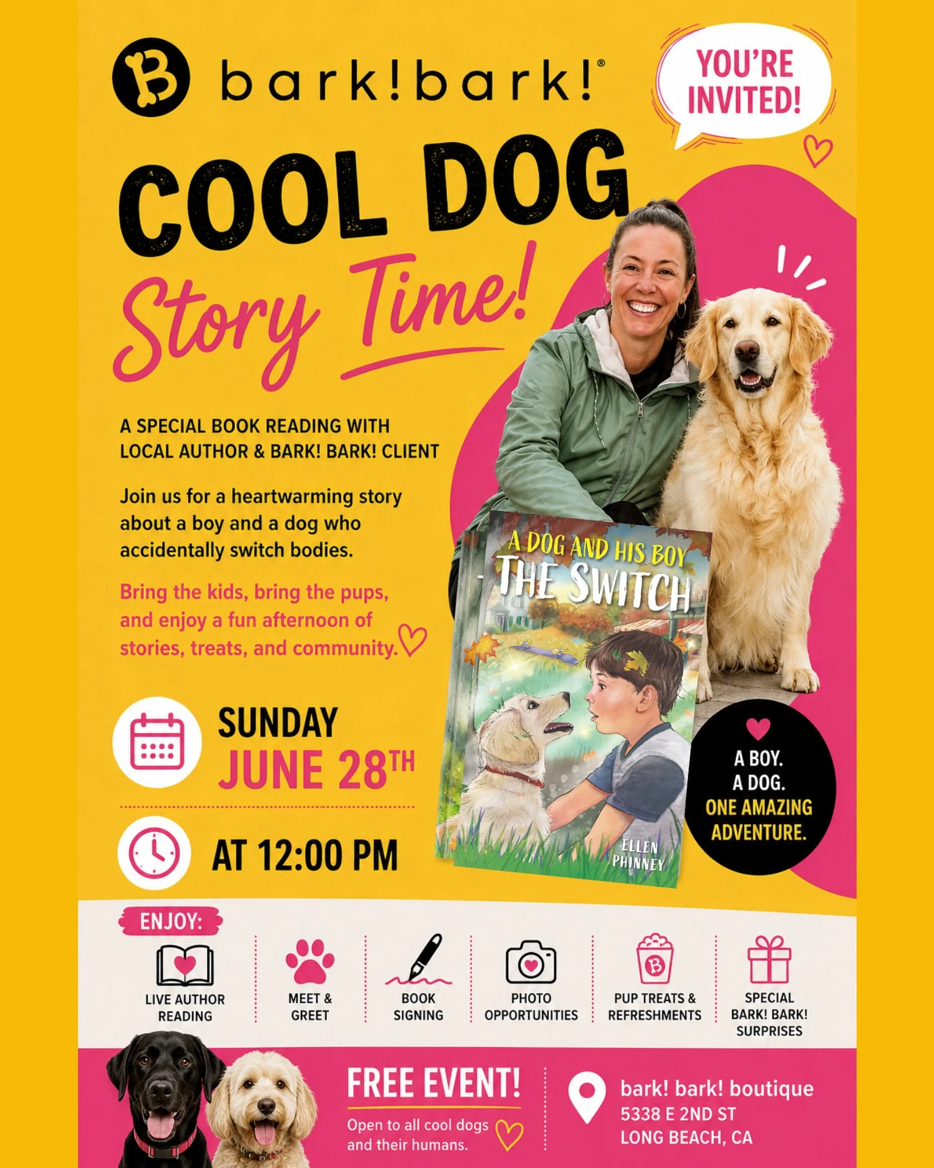 YOU&rsquo;RE INVITED to 𝗖𝗢𝗢𝗟 𝗗𝗢𝗚 Story Time! 📚⁣
⁣
𝗠𝗲𝗲𝘁 @ellenphinney 𝗮𝘂𝘁𝗵𝗼𝗿, 𝗱𝗼𝗴 𝗺𝗼𝗺 𝗮𝗻𝗱 𝗺𝗲𝗺𝗯𝗲𝗿 𝗼𝗳 𝘁𝗵𝗲 𝗯𝗮𝗿𝗸! 𝗯𝗮𝗿𝗸! 𝗳𝗮𝗺𝗶𝗹𝘆.⁣⁣

🗓️ Join us Sunday, June 28th @ 12 PM ⁣
📍 @barkbarkbelmontshore ⁣
⁣
⁣
#