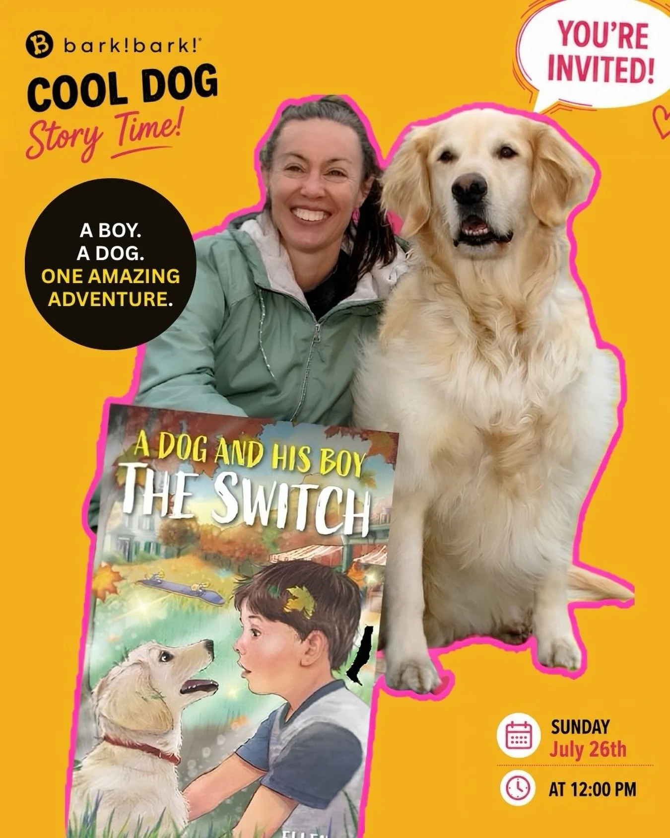 Join us for 𝗖𝗼𝗼𝗹 𝗗𝗼𝗴 𝗦𝘁𝗼𝗿𝘆 𝗧𝗶𝗺𝗲 with local author and bark! bark! client @ellenphinney as she reads 𝘼 𝘿𝙤𝙜 𝙖𝙣𝙙 𝙃𝙞𝙨 𝘽𝙤𝙮: 𝙏𝙝𝙚 𝙎𝙬𝙞𝙩𝙘𝙝. Bring the kids, bring the pups, and enjoy a fun afternoon of stories, treats, pho