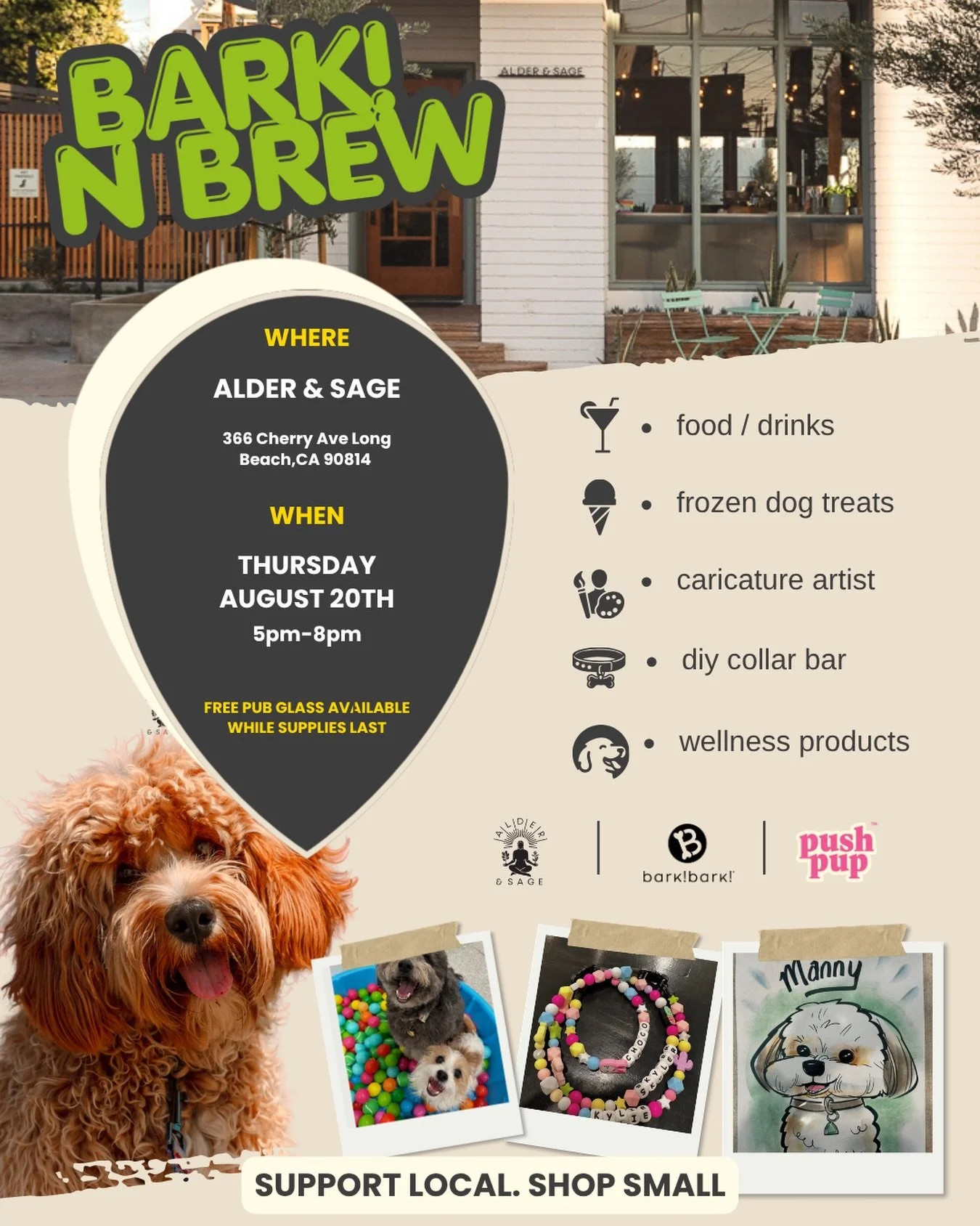 One week until BARK! N BREW! 🍻

🗓️ Thursday, August 20 | ⏰ 5:00&ndash;8:00 PM
📍 Alder &amp; Sage | Long Beach | @aldersage 

An evening of local shopping, dog-friendly fun, delicious food &amp; drinks, frozen treats, pet caricatures, a DIY collar 