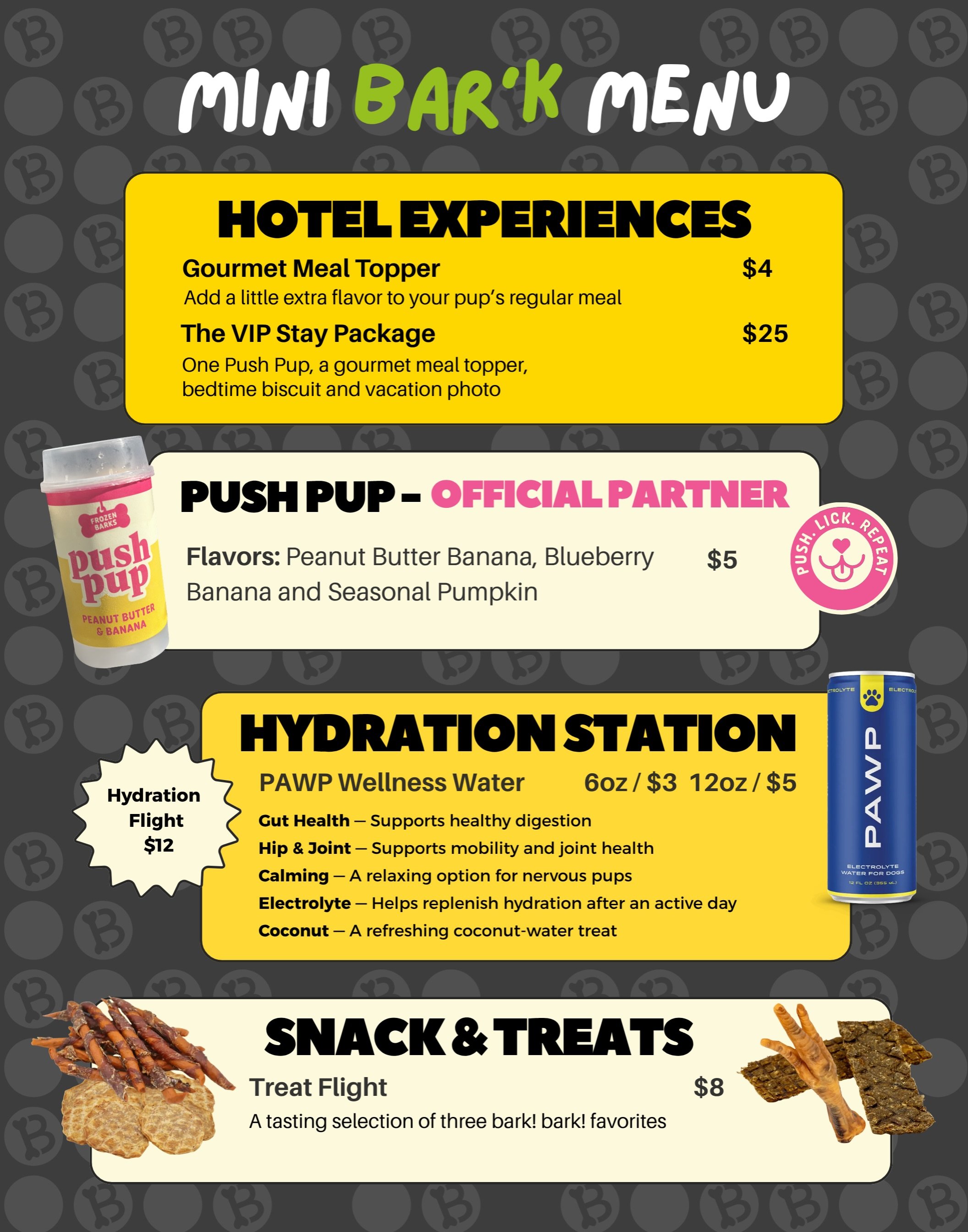 Your pup&rsquo;s stay just got an upgrade. ✨⁣
⁣
From @pushpupofficial and meal toppers to wellness water and treat flights, the 𝗠𝗜𝗡𝗜 𝗕𝗔𝗥&lsquo;𝗞 𝗠𝗘𝗡𝗨 is packed with little extras made for very good dogs. ⁣
⁣
Ask about adding a treat, hydr