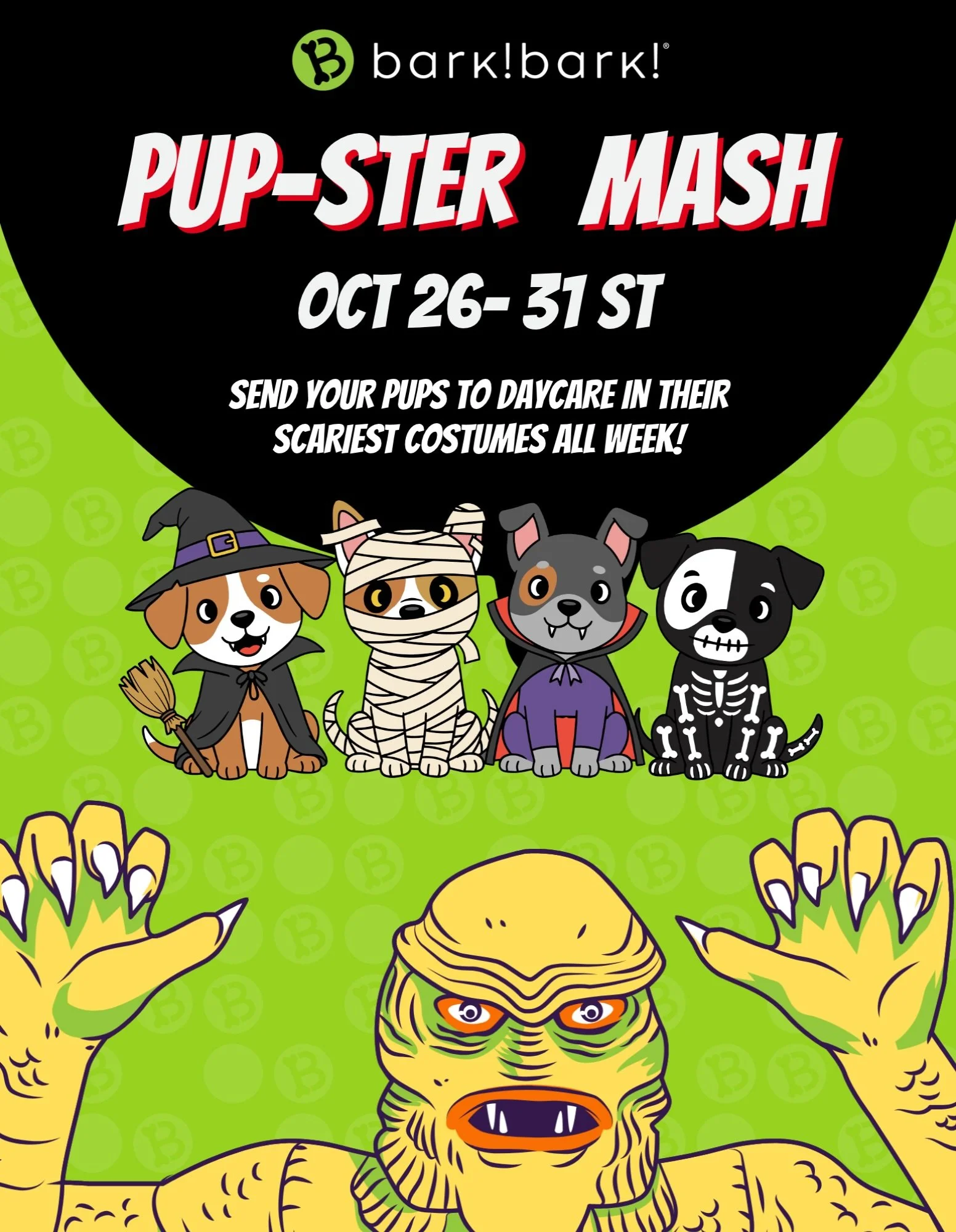 IT&rsquo;S A PUP-STER MASH! 🧟&zwj;♂️

Calling all little and big monsters! 🦇 Bring your pups to bark! bark! daycare in their spookiest (or silliest!) Halloween costumes October 26&ndash;31!

#barkbarkdaycare #PupsterMash #HowlOWeen #DogCostumes #Si