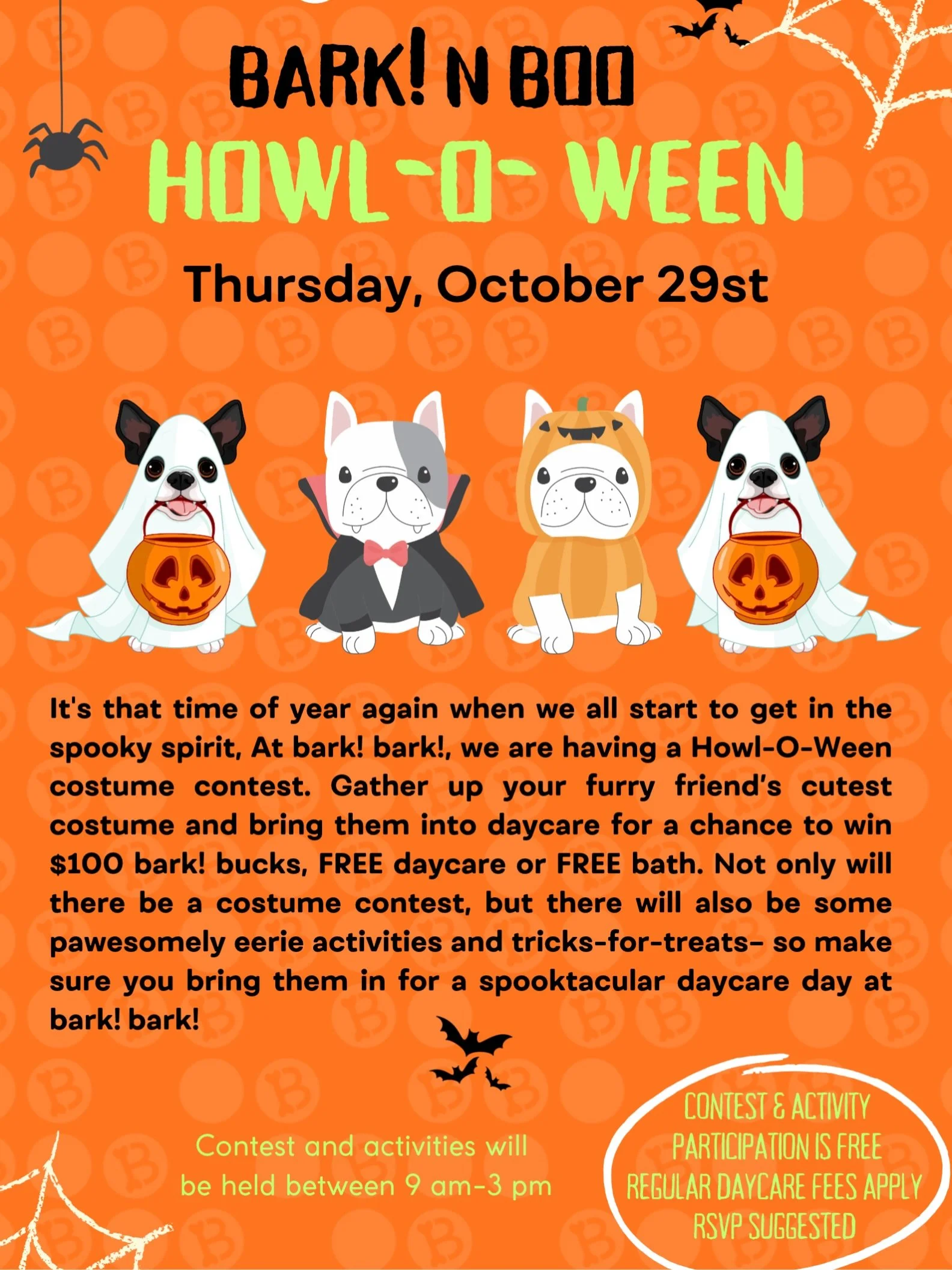 It&rsquo;s that time of year again when we all start to get in the spooky spirit! 👻

Thursday is our annual BARK! N BOO Howl-O-Ween Costume Contest 🥇

Gather up your furry friend&rsquo;s cutest costume and bring them into daycare for a chance to wi