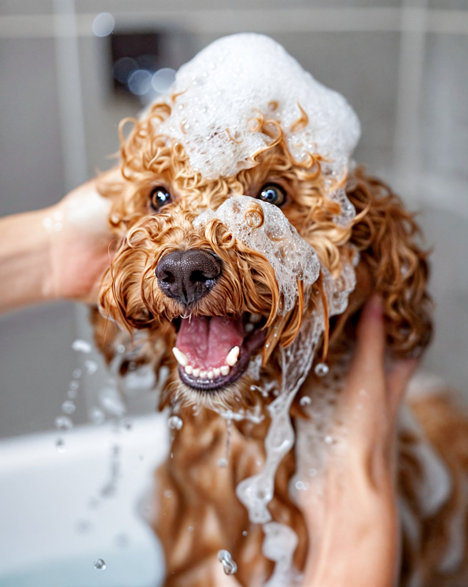 Happy goldendoodle with soap studs on top of their head getting the best grooming in Long Beach CA