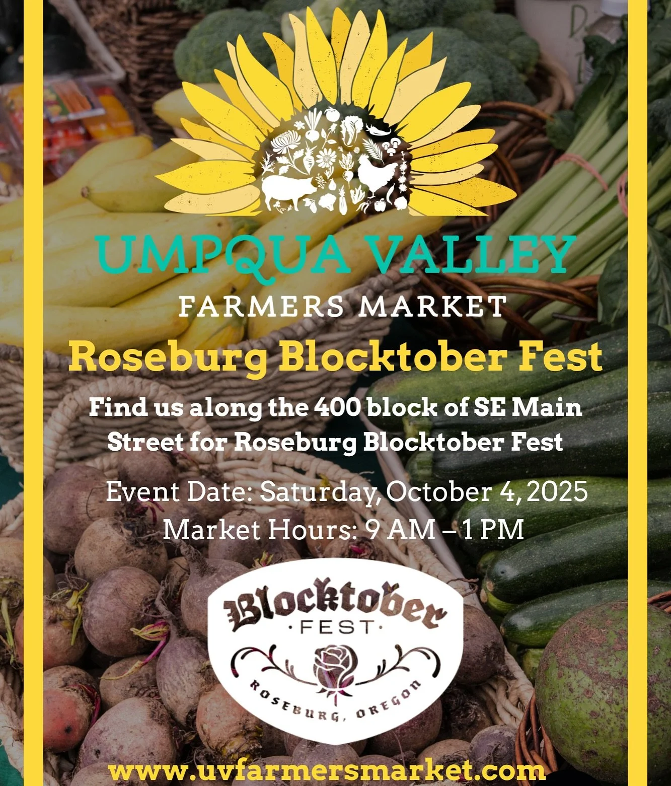 tomorrow 10/4 is BLOCKTOBERFEST in downtown roseburg and we’re ever grateful that @umpquavalleyfarmersmarket gets to be a part of it!! however, the market location has shifted one block east and one block north to main street between douglas an