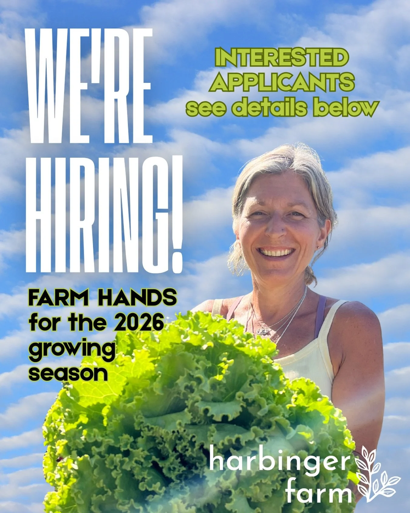 ISO: dedicated farm hands!

ABOUT THE GIG:
-runs march through december
-averaging 30-40 hours per week
-$16/hour to start, plus access to produce
-field production job duties include: seeding, transplanting, cultivation, irrigation, harvesting &amp;