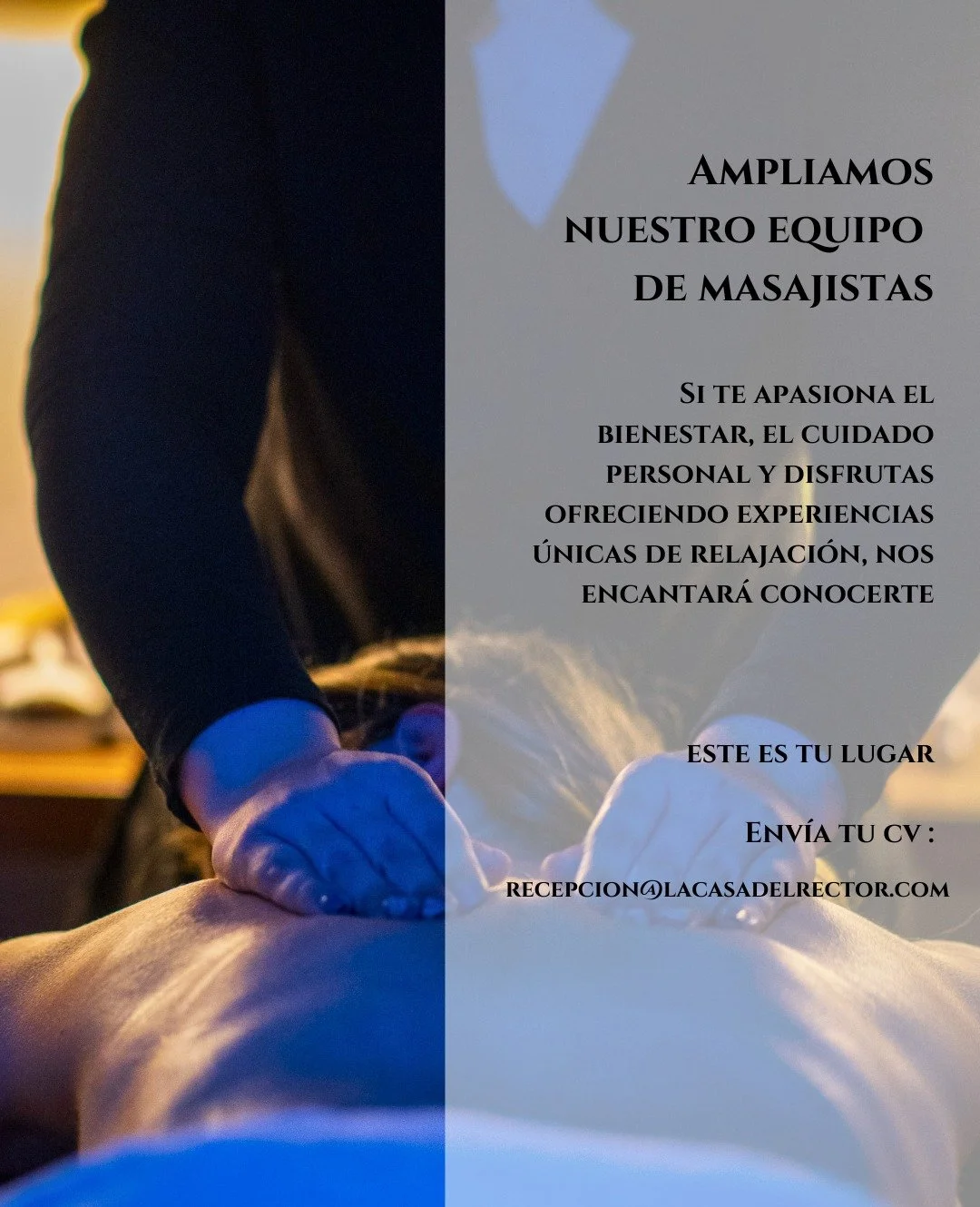En La Casa del Rector, hotel boutique &amp; spa en Almagro, seguimos creciendo y buscamos incorporar nuevos/as masajistas profesionales a nuestro equipo.

Buscamos a alguien que disfrute creando experiencias &uacute;nicas a trav&eacute;s del masaje, 
