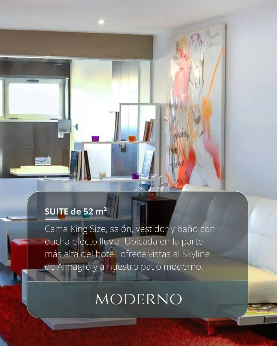 ✨ Exclusiva suite loft de 52m&sup2; ideal para una estancia &uacute;nica. Con cama King Size, sal&oacute;n, vestidor y un ba&ntilde;o de ducha efecto lluvia e hidromasaje.

🏙️ Ubicada en la parte m&aacute;s alta del hotel, esta suite ofrece vistas e