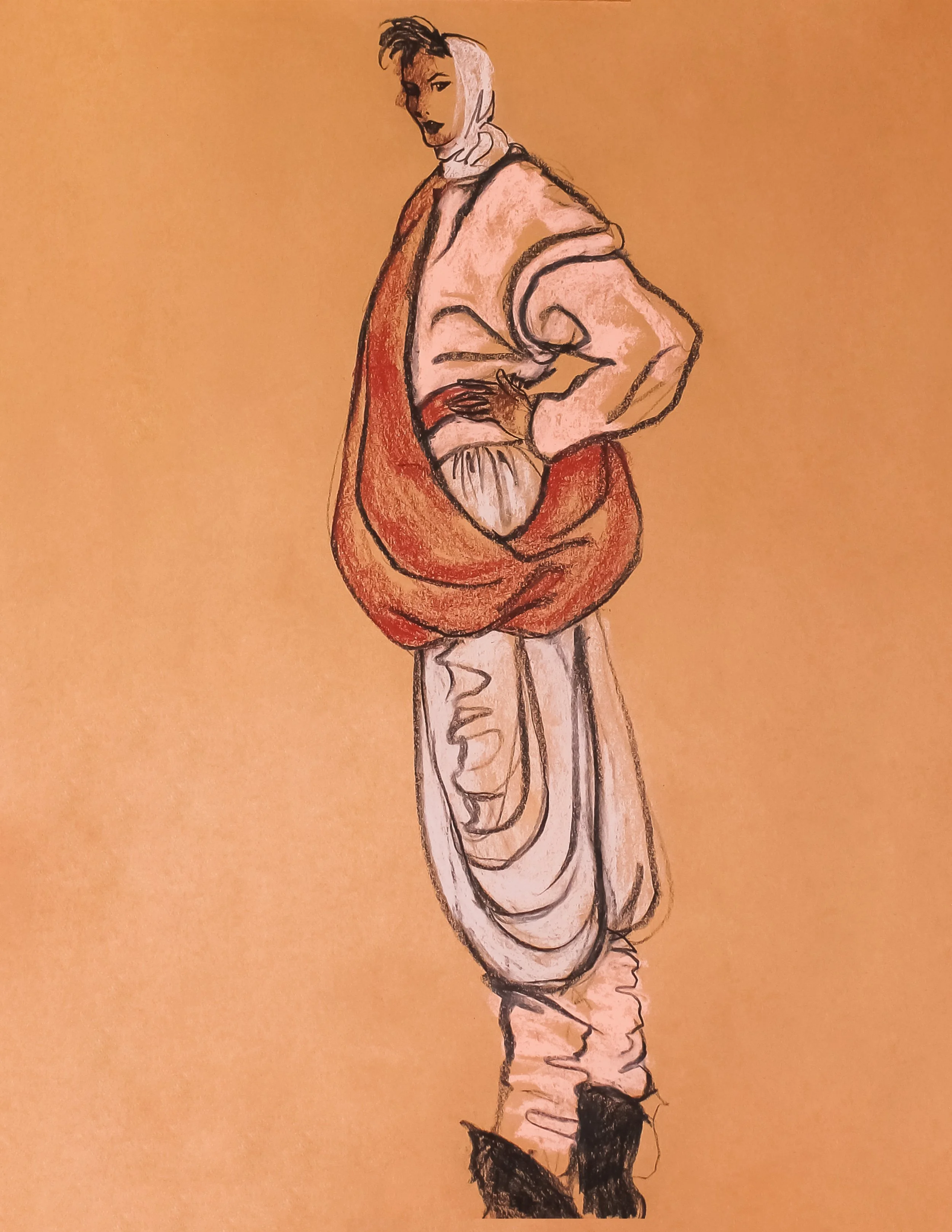 Fashion Illustration Print: Vintage Black & White Charcoal & Conte Winter Outerwear w/Sash Side View Sketch on Brown Background (PNG Download)