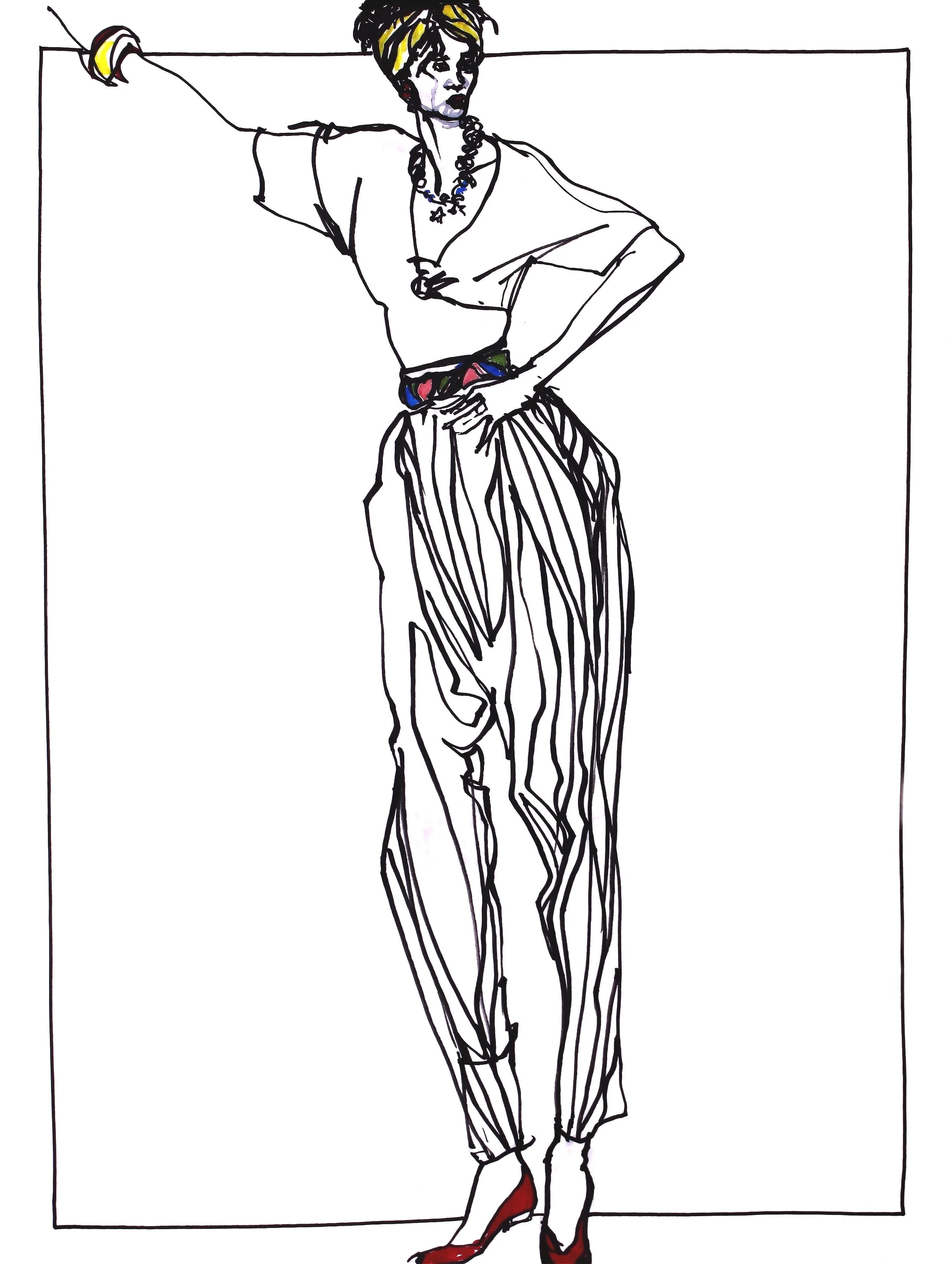 Fashion Illustration Print: Vintage Black & White with Color Accents Marker Sketch on White Background (PNG Download)