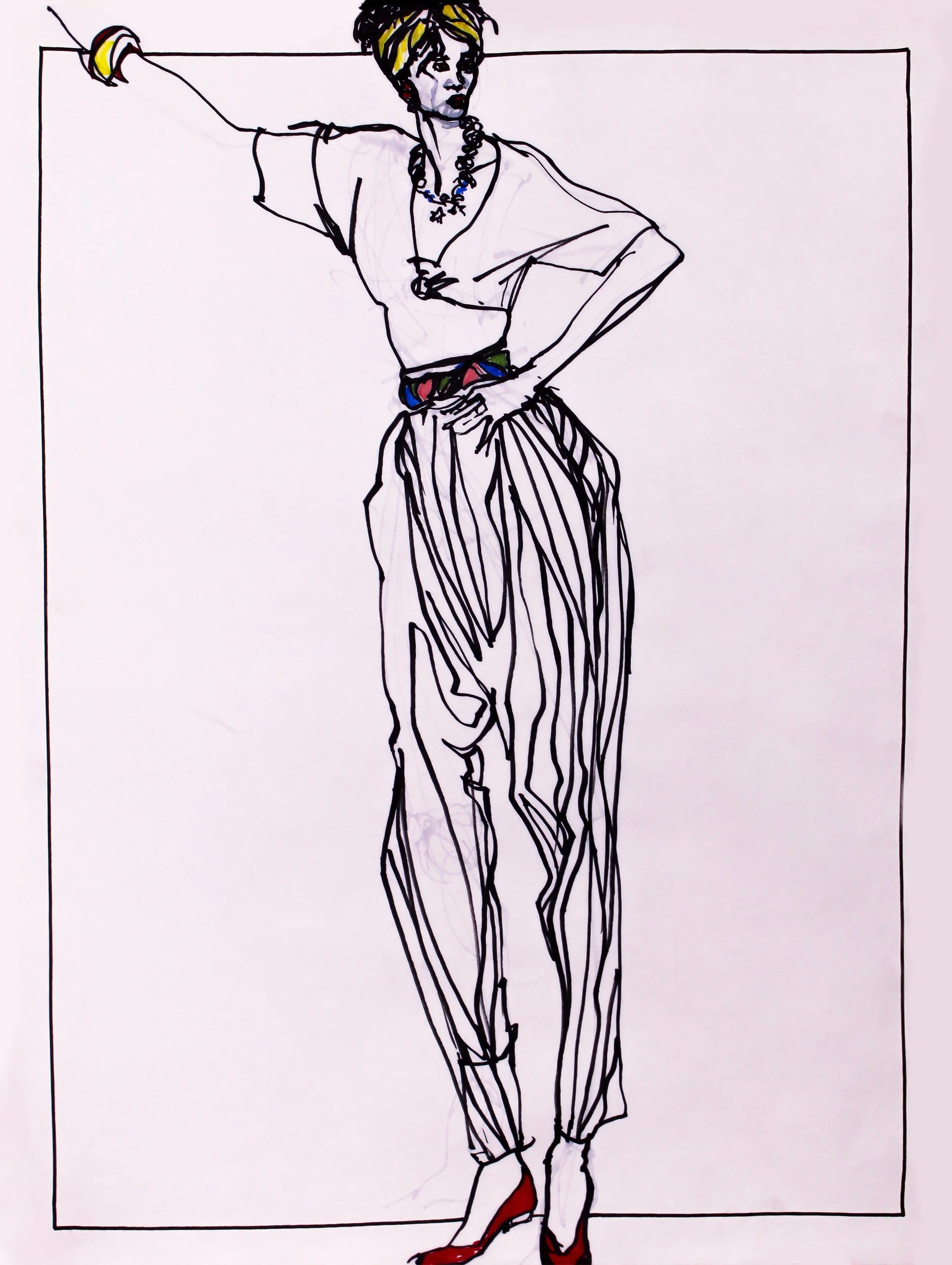 Fashion Illustration Print: Vintage Black & White with Color Accents Marker Sketch on White Background (PNG Download)