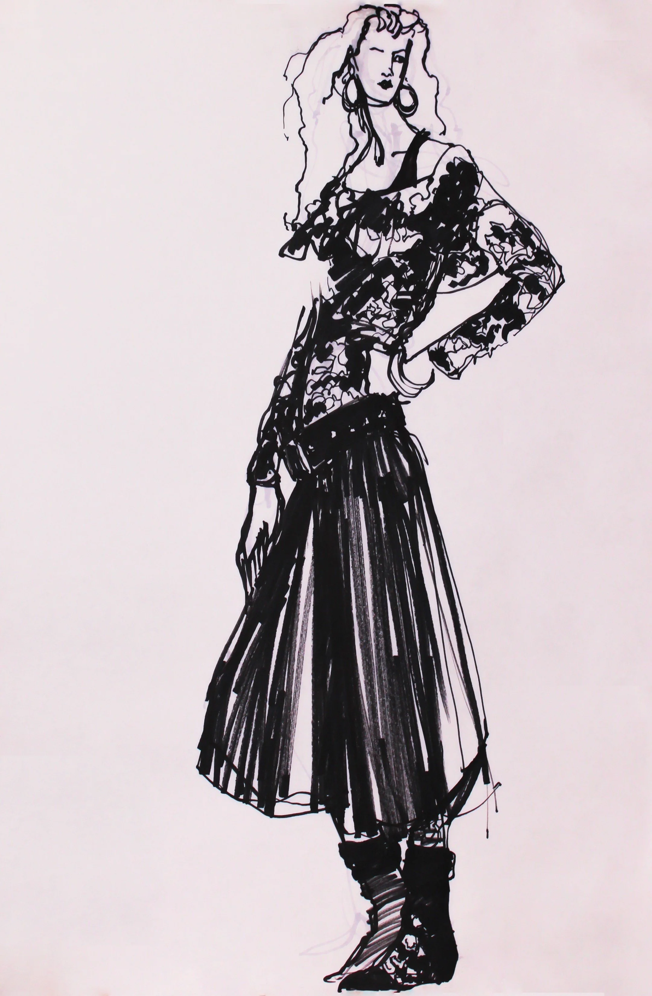 Fashion Illustration Print: Vintage Black & White Marker Sketch on White Background (PNG Download)