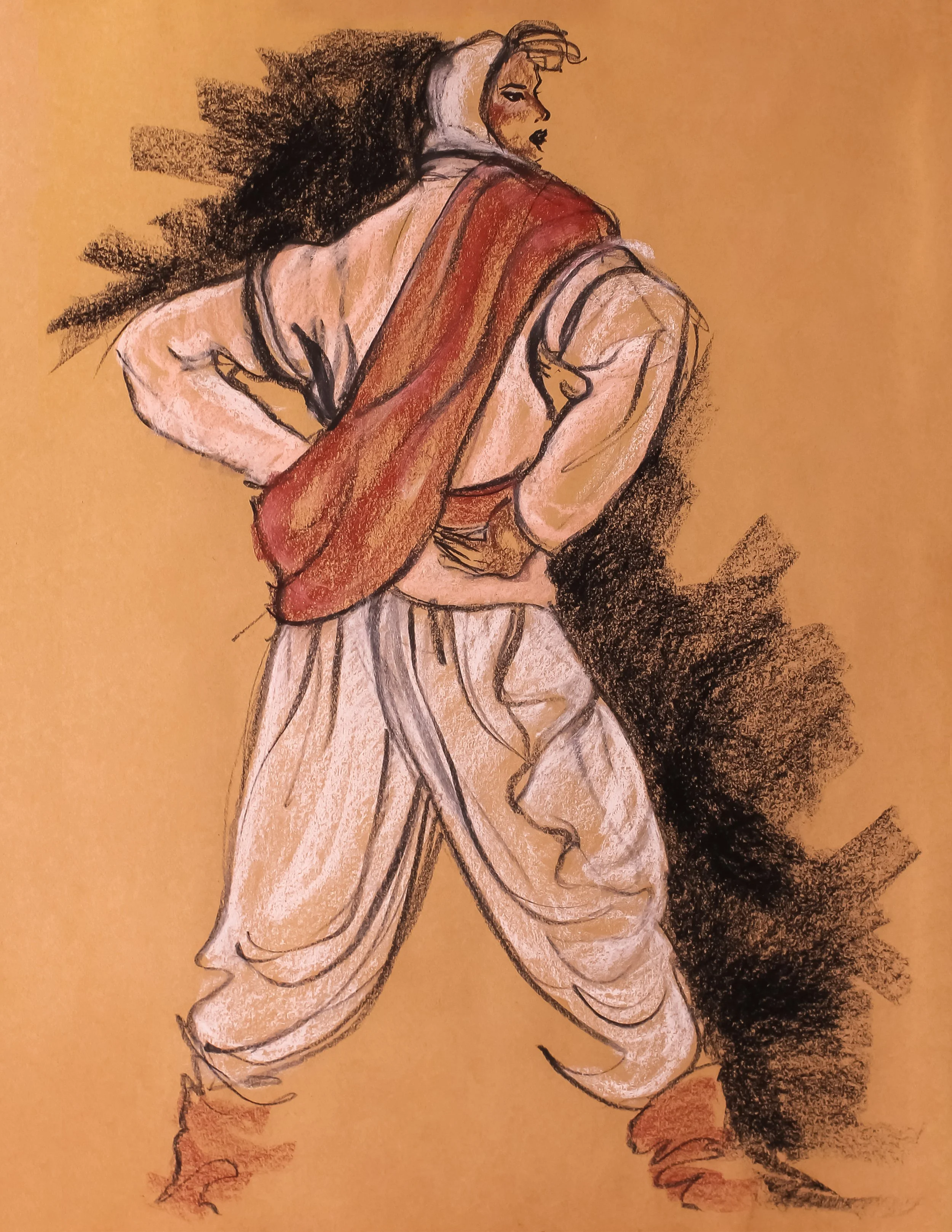 Fashion Illustration Print: Vintage Black & White Charcoal & Conte Winter Outerwear w/Sash Back View Sketch on Brown Background (PNG Download)