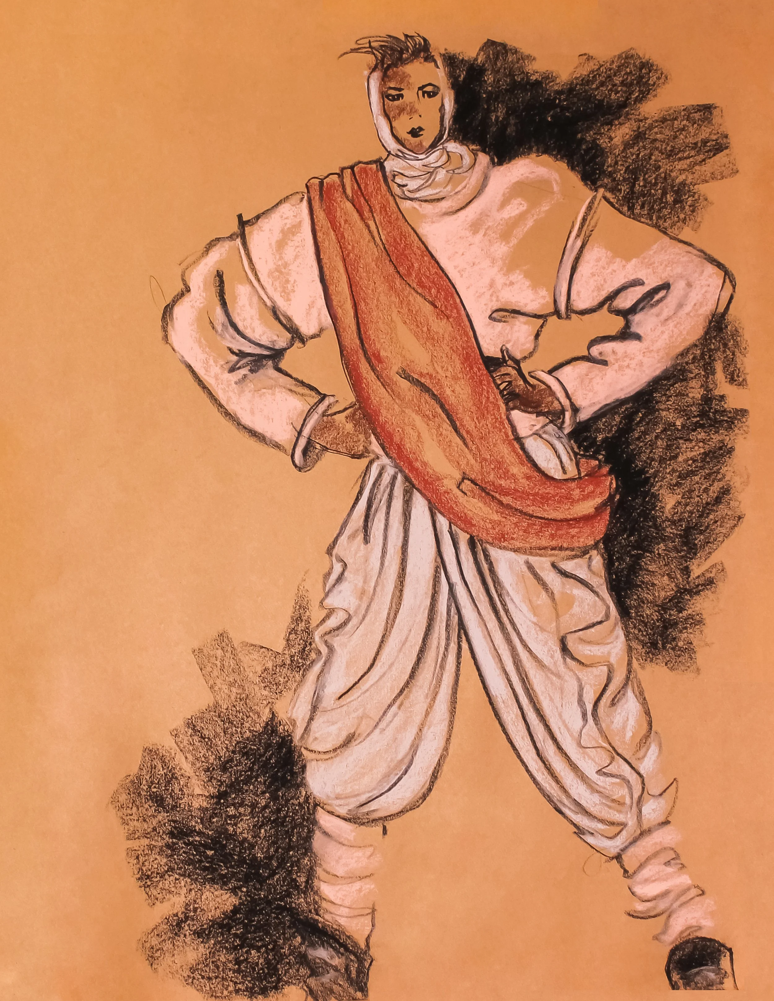 Fashion Illustration Print: Vintage Black & White Charcoal & Conte Winter Outerwear w/Sash Front View Sketch on Brown Background (PNG Download)