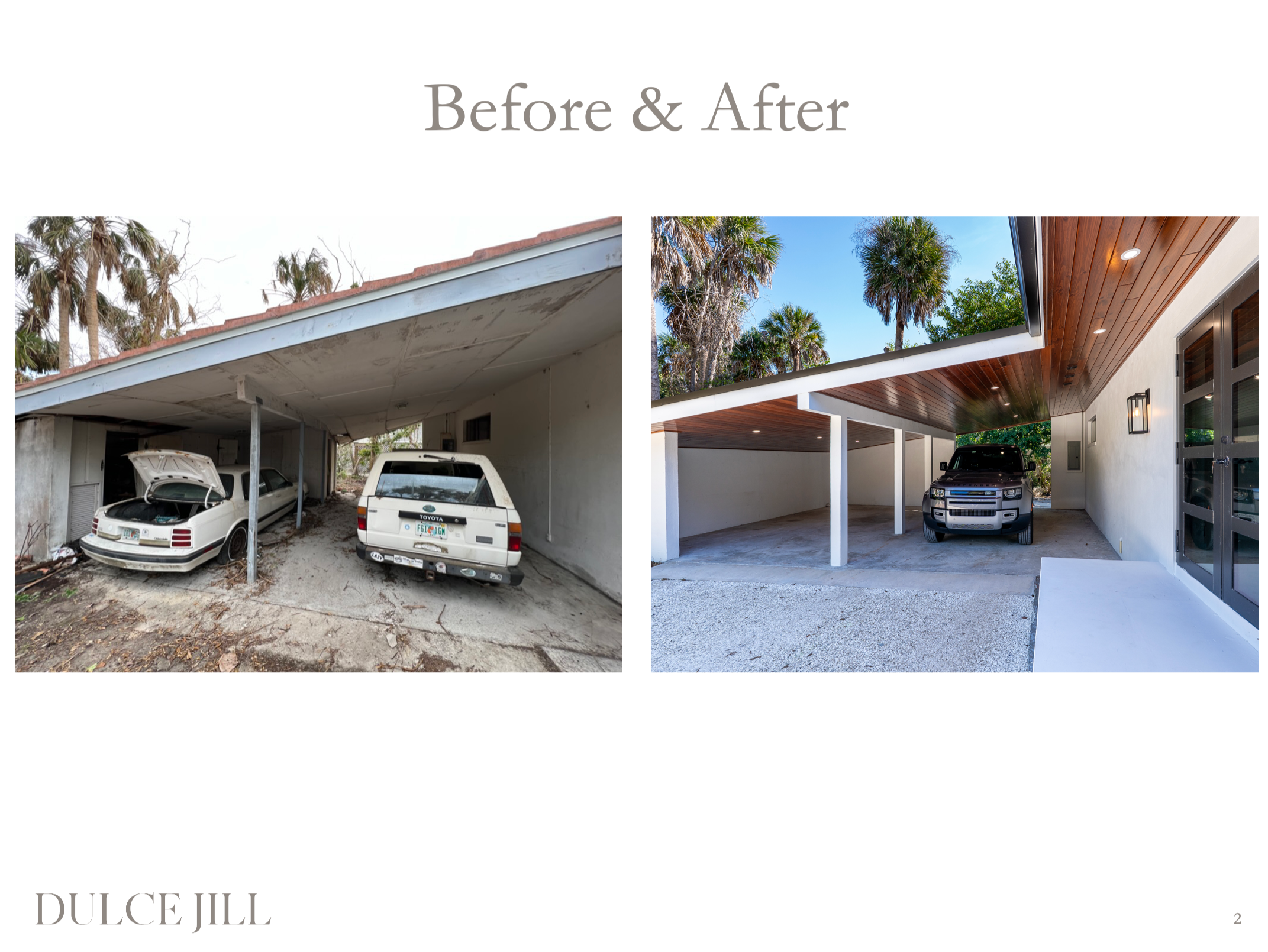 Comparison of an old, neglected carport with cracked concrete and two abandoned cars on the left, and a renovated, modern carport with a clean concrete surface, wooden ceiling, and a new car on the right.