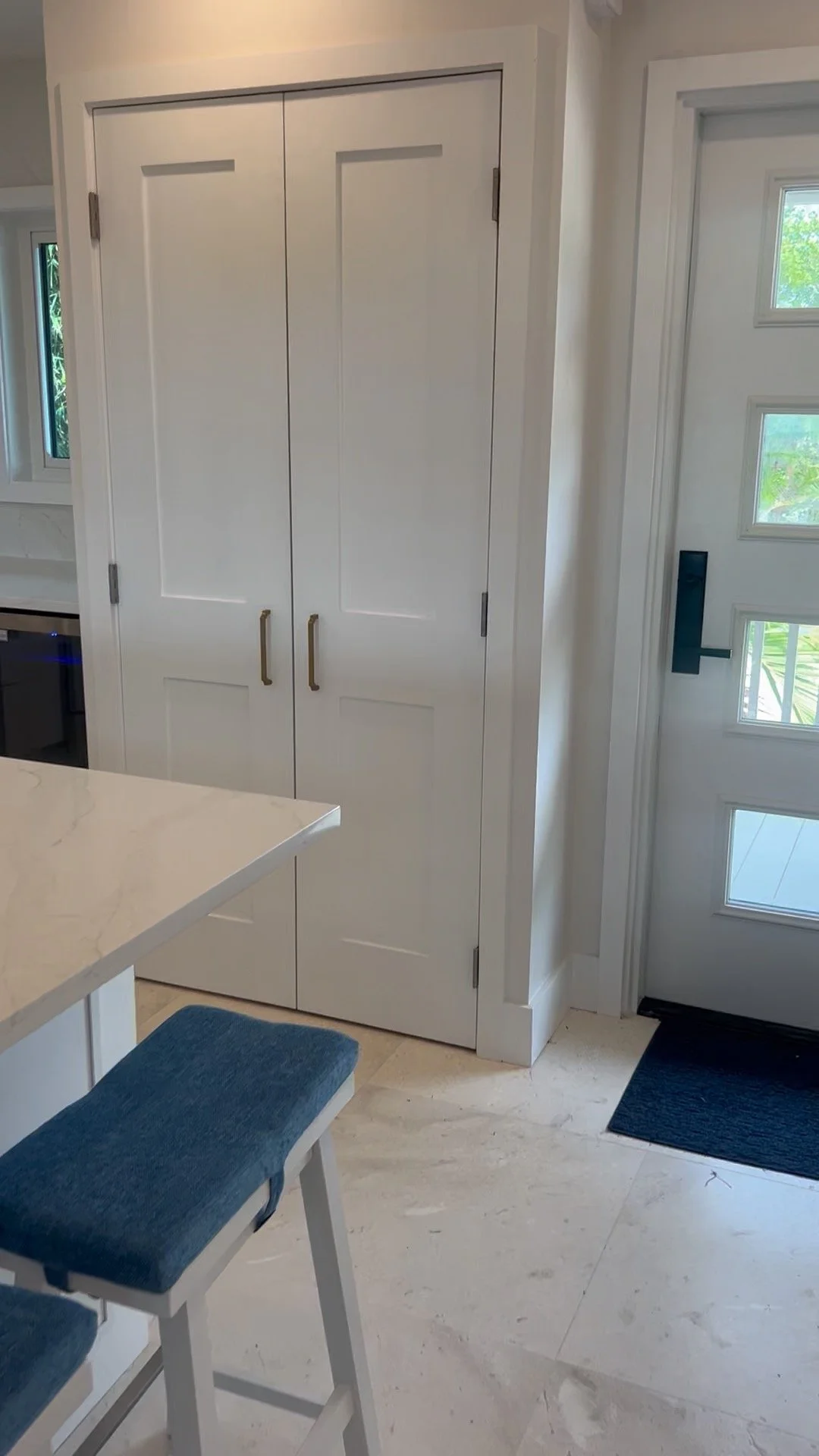 White double closet doors with brass handles next to a white front door with windows, inside a modern kitchen.