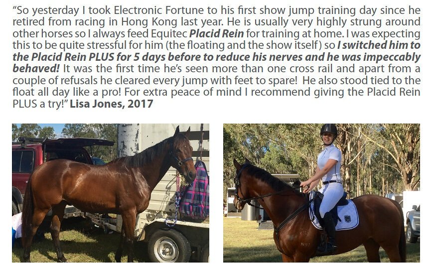 2 photos of a horse then horse with his rider with testimonial about Stance Equitec Placid Rein Plus calming horse supplement