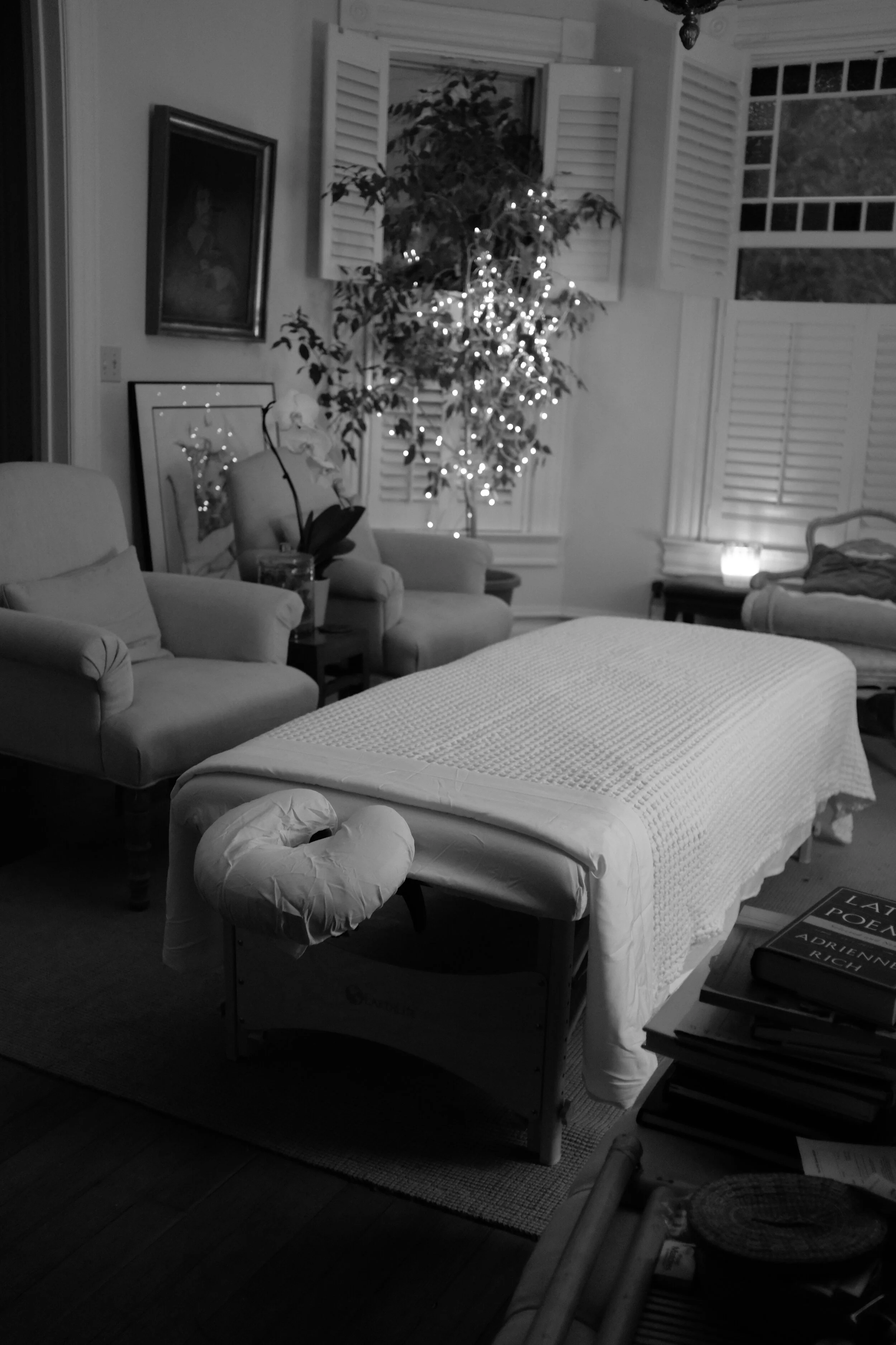 A cozy living room with a bed converted from a couch, a Christmas tree with lights, a framed portrait on the wall, open window shutters, a small table with books, and various magazines and items around the room.
