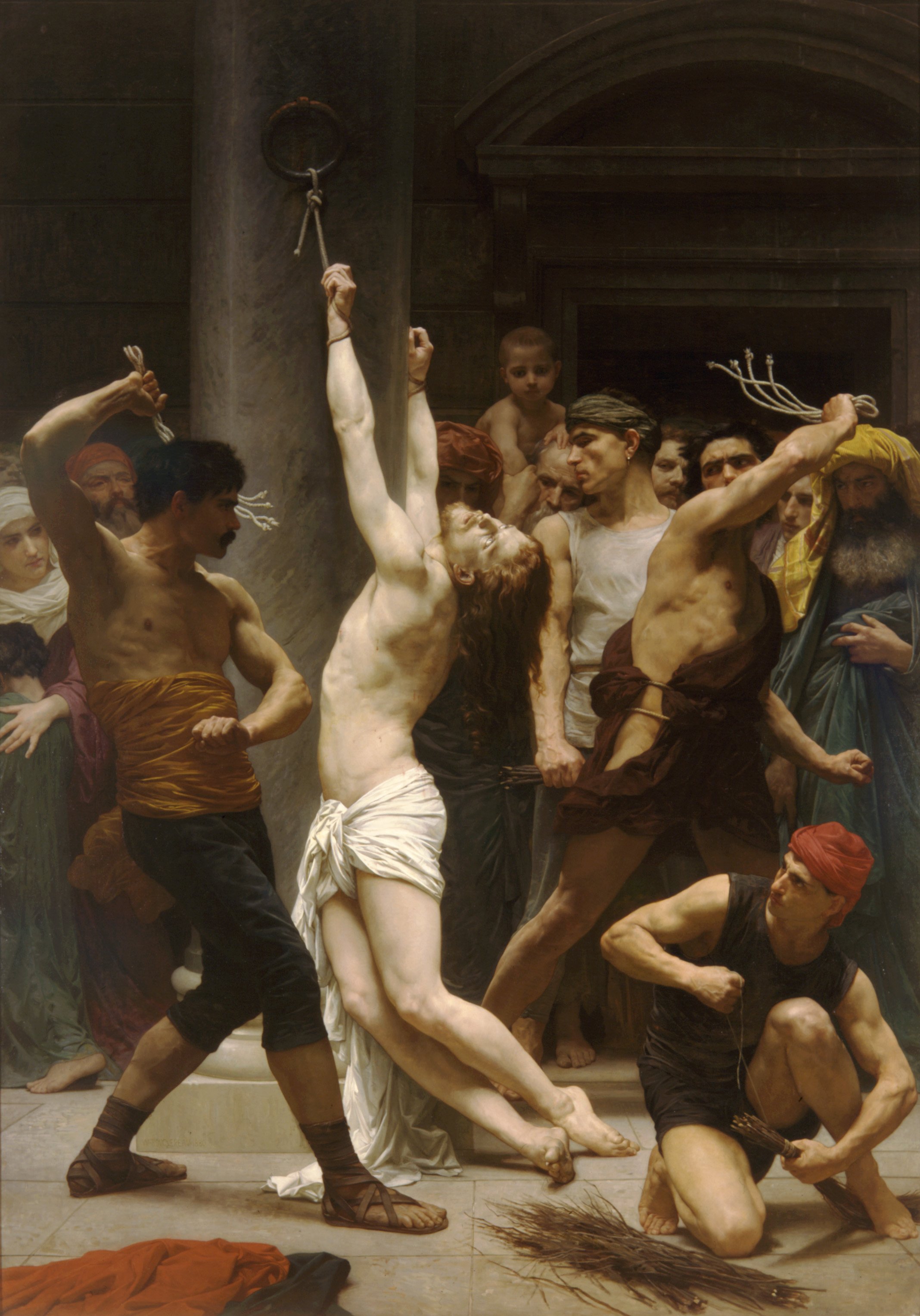 "The Flagellation of Jesus Christ," a renowned painting by William-Adolphe Bouguereau, a celebrated French artist from the 19th century. Created in 1880, this masterpiece captures a poignant biblical scene central to Christian tradition—the flagella