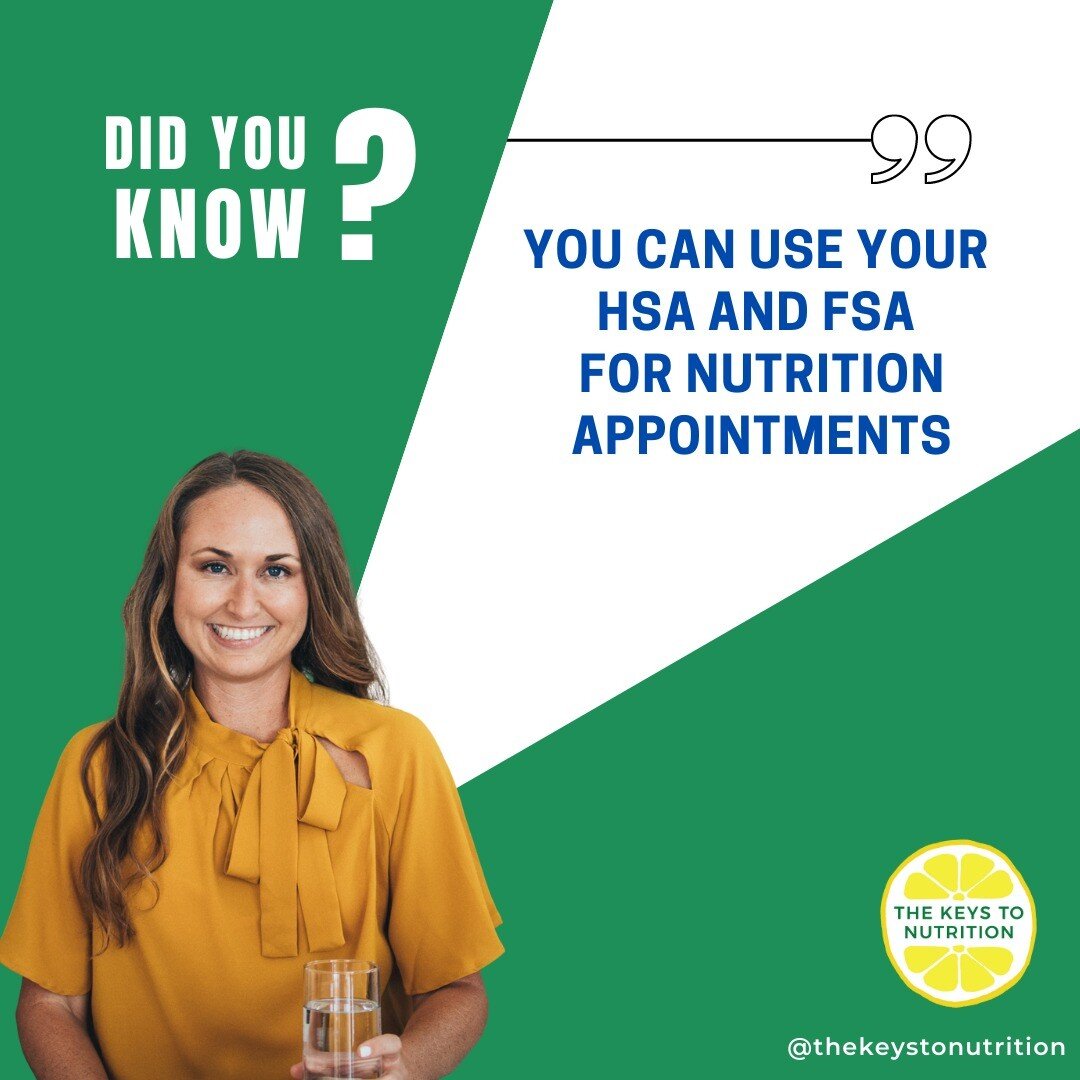 You can use your Health Savings Account (HSA) or Flexible Spending Account (FSA) to pay for nutrition appointments!

To inquire or schedule an appointment, visit www.thekeystonutrition.com/bookings or go to the link in my bio

#hsa #fsa #nutrition #d