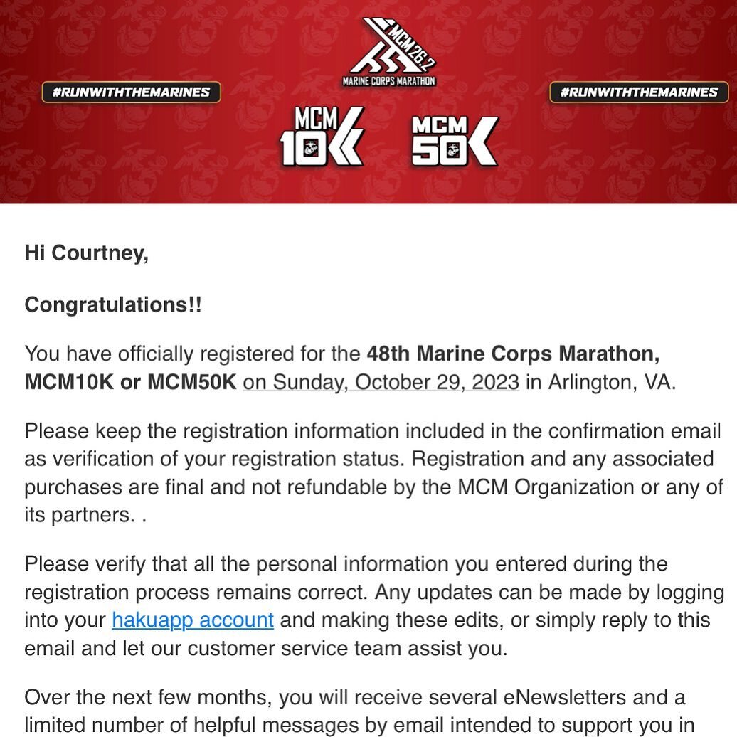 Marine Corps Marathon, 10/29! 🏃🏼&zwj;♀️ 

I wanted to do this race last year and now, I need to do it! 

Checking this one off the bucket list! 

I&rsquo;m not sure if DC is ready for my return! 

#marinecorpsmarathon #mcm #runwiththemarines