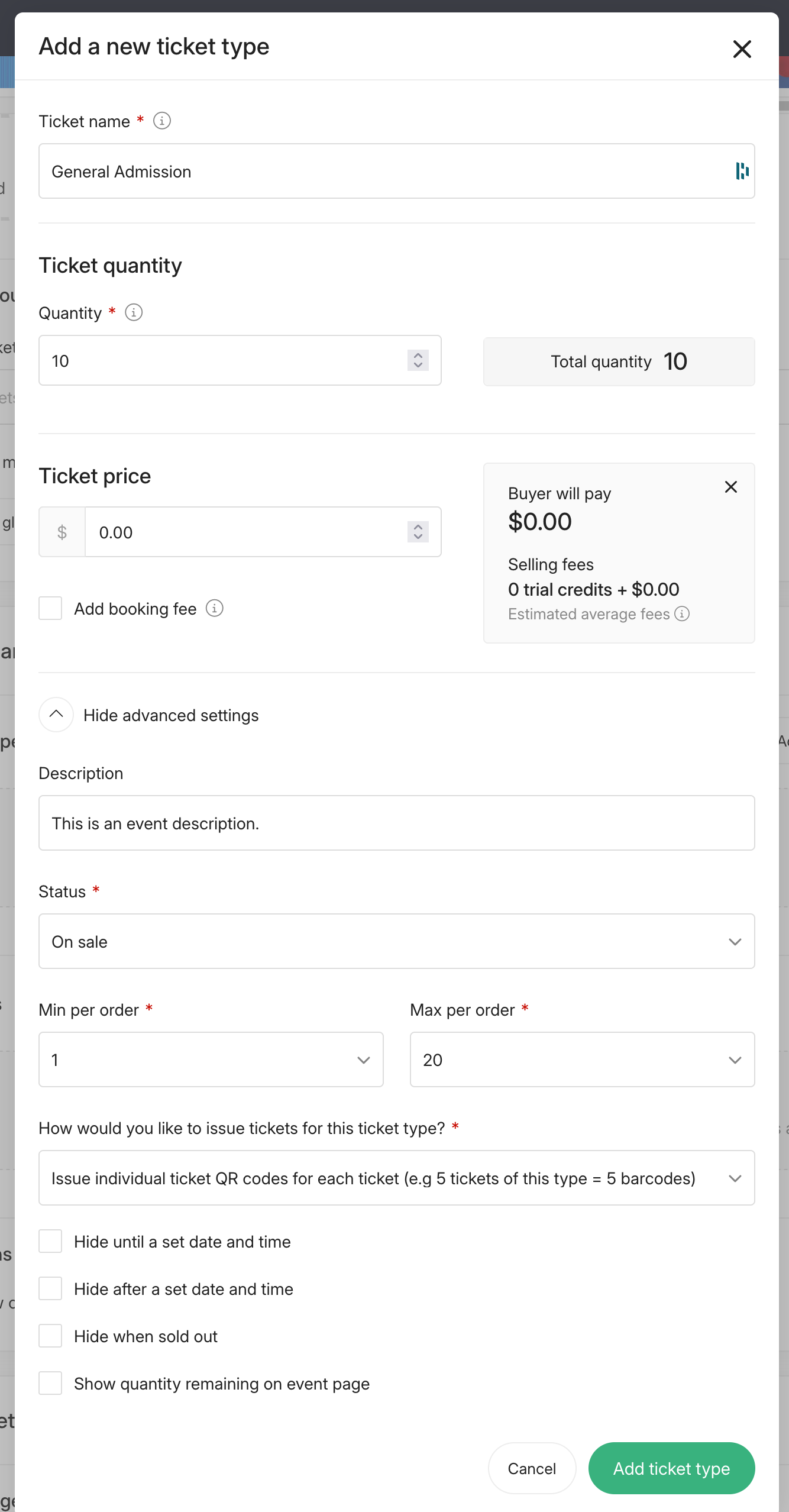 Ticket Tailor event ticket settings