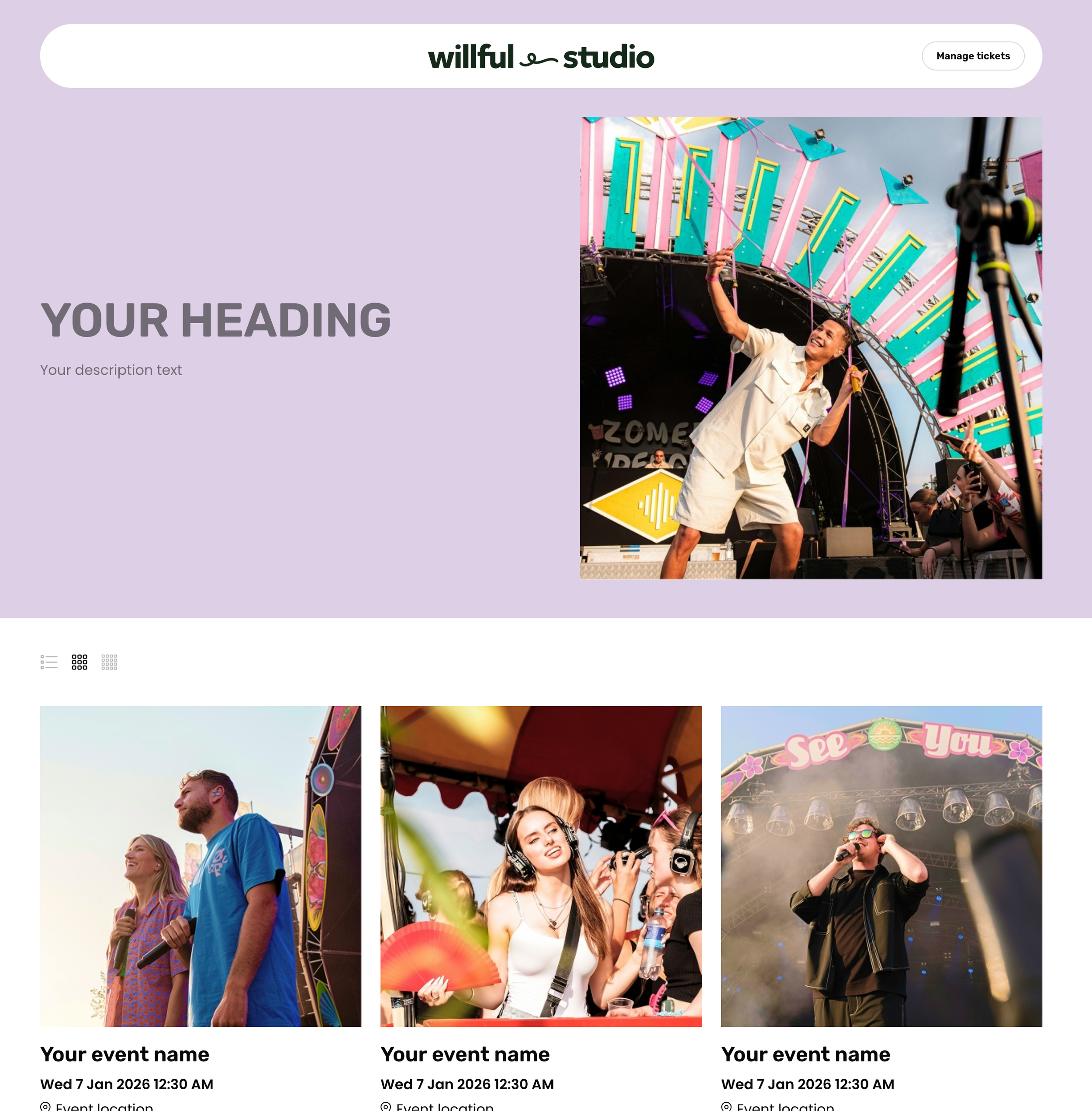 Ticket Tailor events overview page design options