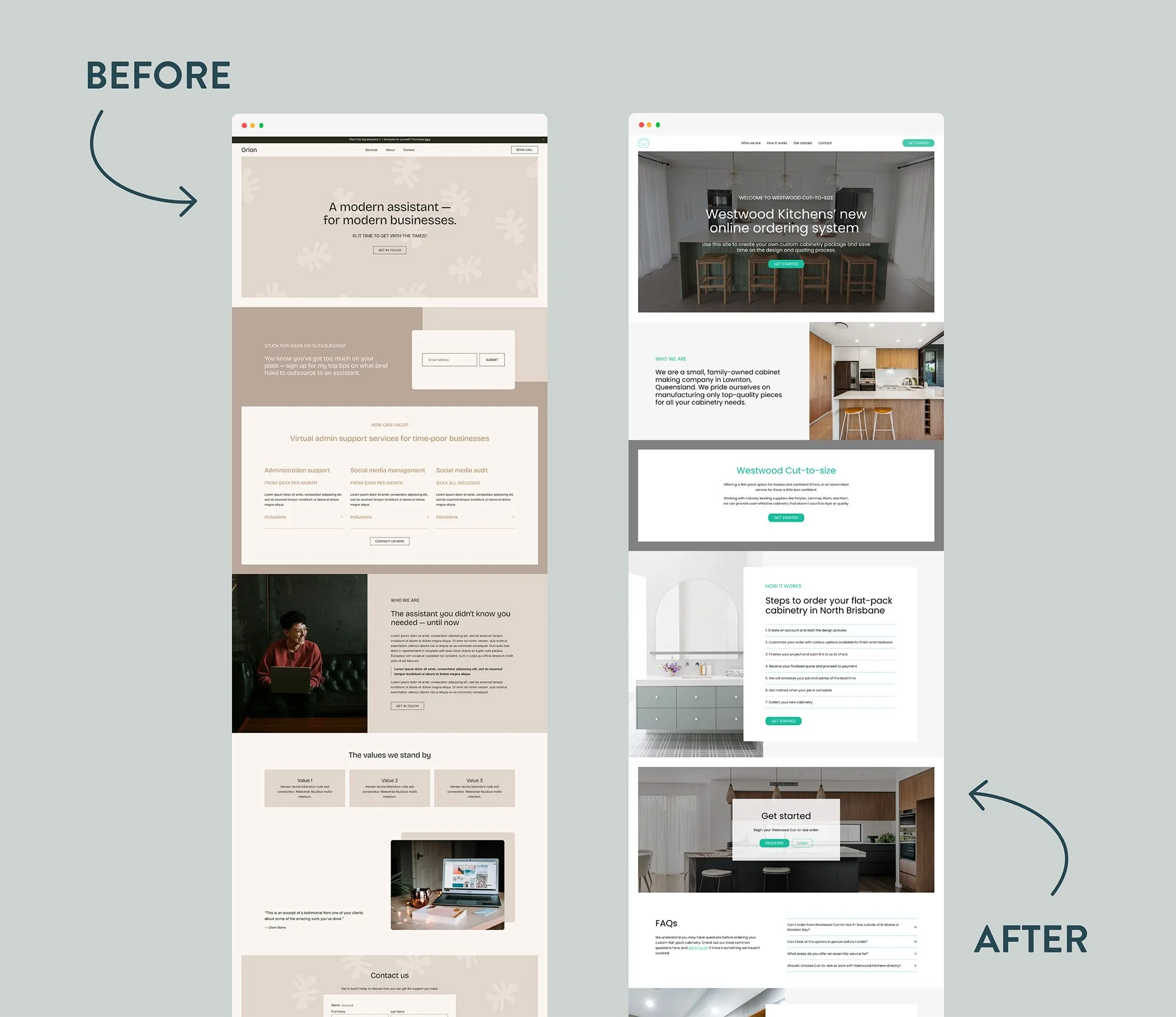 Squarespace website landing page template before and after refresh day