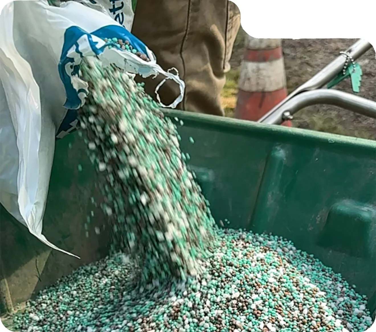 A mixture of small seeds being poured from a bag into a green wheelbarrow outdoors, with a person and a traffic cone visible in the background.
