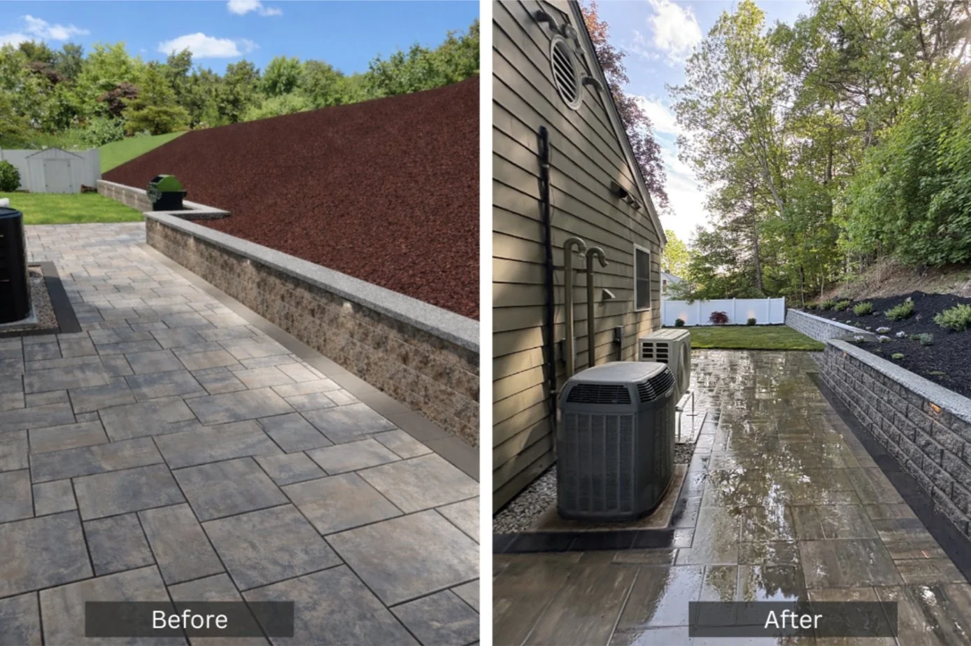 Side-by-side comparison of a backyard patio area before and after cleaning. The 'before' image shows a clean, neatly paved stone patio with a red mulch mound, green lawn, and trees in the background. The 'after' image shows the same area after cleaning and wetting the patio, with the house wall, air conditioning units, and a garden bed with plants visible.