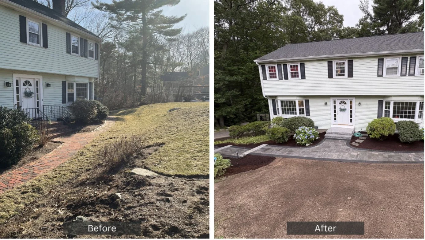 Side-by-side comparison of a house yard before and after landscaping renovation. The "Before" image shows a yard with patchy grass, bare spots, and uneven terrain. The "After" image shows a landscaped yard with a paved walkway, new bushes, and a tidy, landscaped appearance.