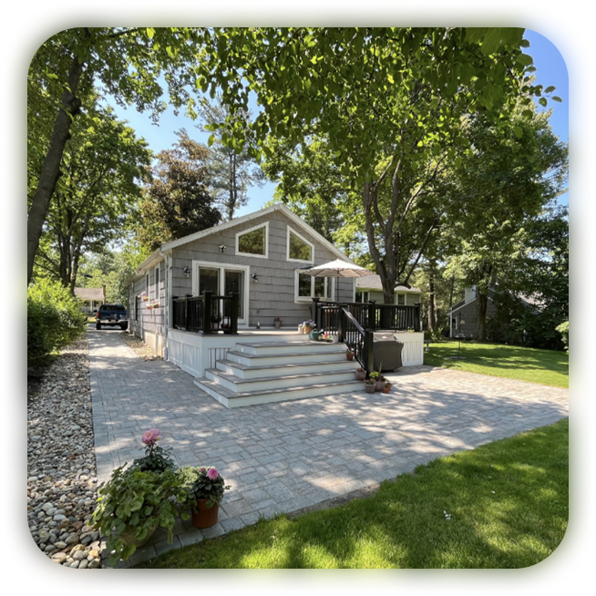 A backyard view of a house with a wooden deck, white stairs, black railing, and patio furniture, surrounded by trees and a paved patio area with potted plants and a lawn.