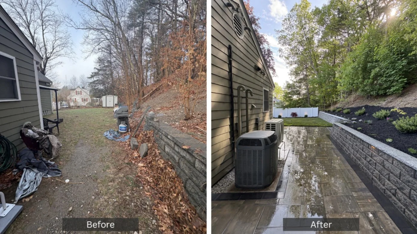 Side-by-side comparison showing a backyard before and after landscaping. The "Before" image depicts an unkempt yard with leaves, debris, and a gravel pathway. The "After" image shows a cleaned, paved patio area with fresh landscaping, a retaining wall, and an air conditioning unit against the house.