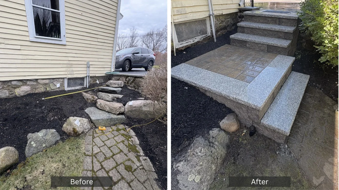 Side-by-side comparison of a house entryway before and after landscaping. On the left, the area is muddy with large rocks and uneven steps. On the right, the steps and pathway are paved with gray granite and decorative tiles, creating a clean, finished look.