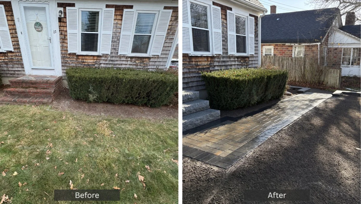 Comparison of a house's front yard before and after landscaping. The before image shows a grassy yard with some fallen leaves, a small brick staircase, and a thick, rectangular shrub in front of the house. The house has wooden shingles and white shutters. The after image shows the same shrub with a newly paved walkway replacing the grass, leading up the steps and toward the driveway. The driveway area appears darker and newer.