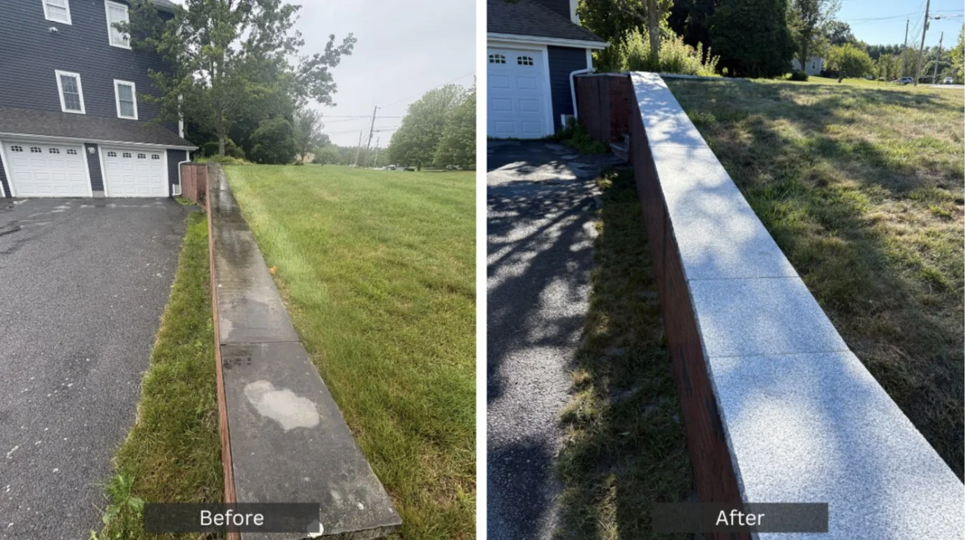 Side-by-side comparison of a sidewalk and retaining wall before and after cleaning and resurfacing. The left shows a dirty, stained sidewalk with a rust-colored retaining wall. The right shows a clean, resurfaced concrete sidewalk with a new, bright appearance and the retaining wall appears freshly painted or sealed.