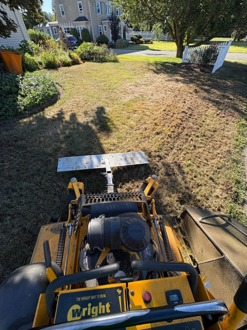 View from a lawnmower on a grassy yard with a white picket fence on the right side, a tree casting shadows, and a house with a garden in the background.