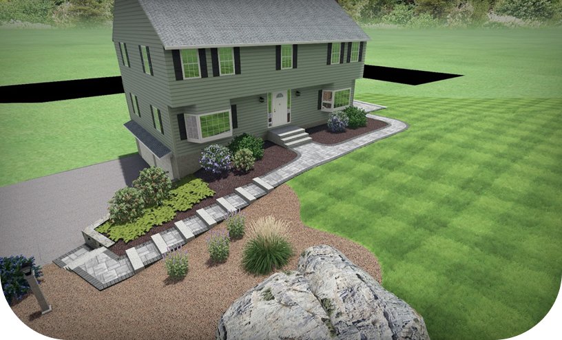 Illustration of a two-story house with a front porch and landscaped yard featuring bushes, plants, and a rock, with a pathway leading to the front door
