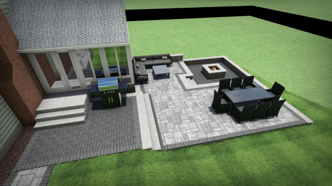 Backyard patio with outdoor furniture, fire pit, grill, and steps leading to a house.