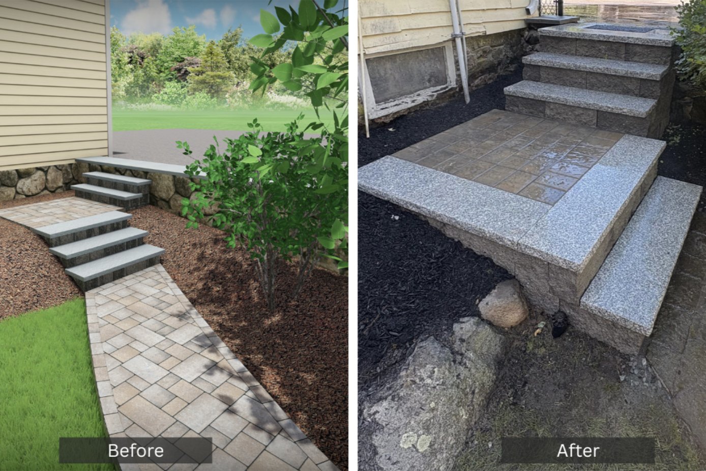 Comparison of a landscaped front yard with newly installed stone steps and pathway, shown in a pixelated 3D rendering on the left labeled 'Before,' and the completed real stone steps and paved area in a backyard on the right labeled 'After.'