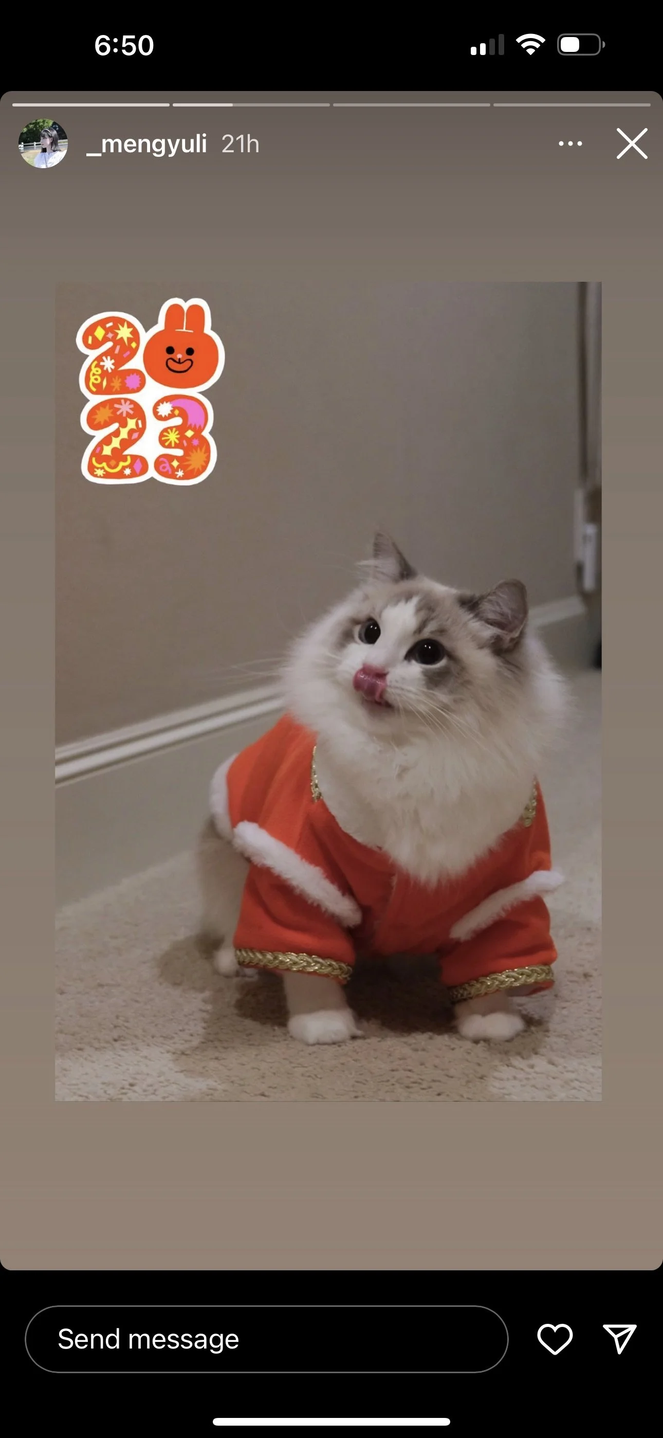 A fluffy cat wearing a red coat with gold trim sitting on a beige carpet, licking its nose with its tongue out. There is a sticker with the numbers 2 and 3 and a cartoon bunny in the upper left corner.