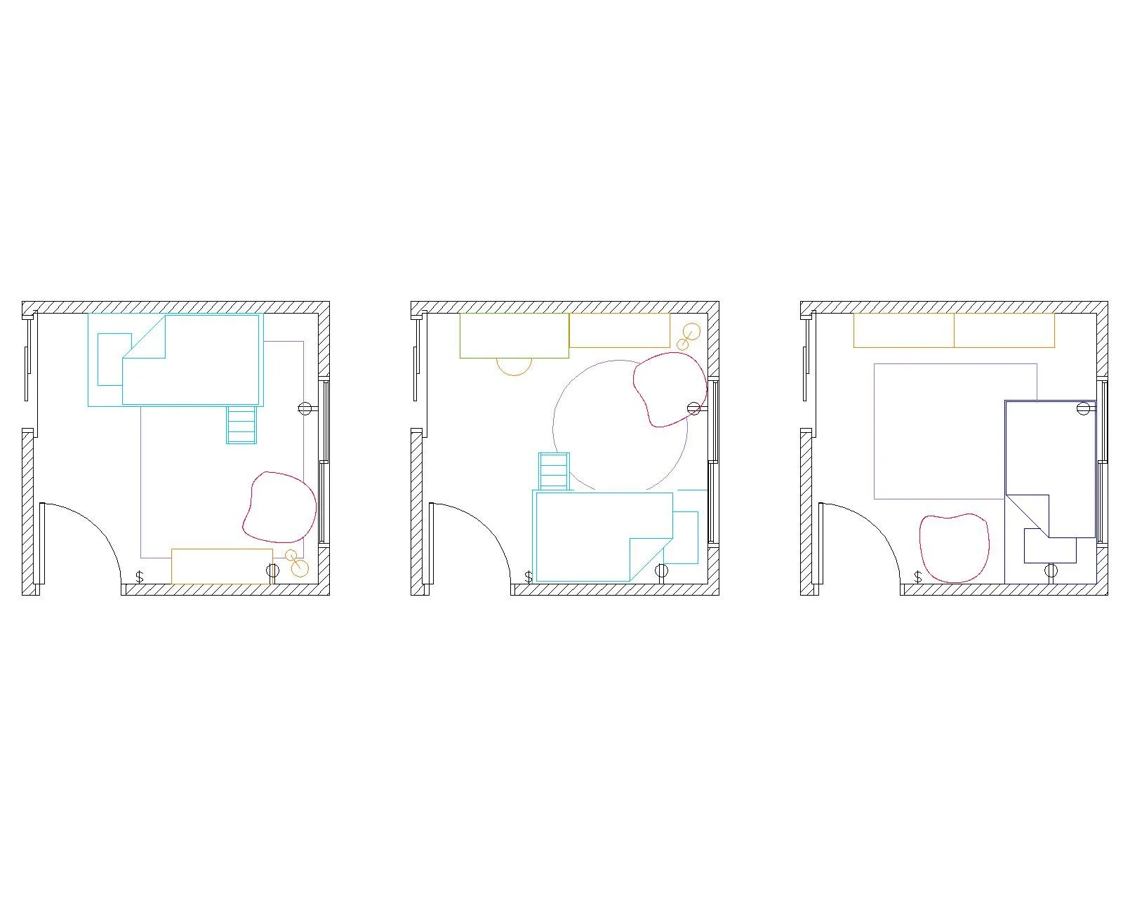 Three floor plans of a small room, each with different furniture arrangements, showing doors, windows, and various colored furniture outlines.